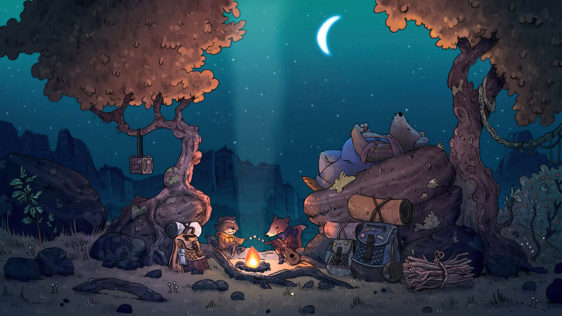 A Cartoon Of A Campfire With People Around It Background