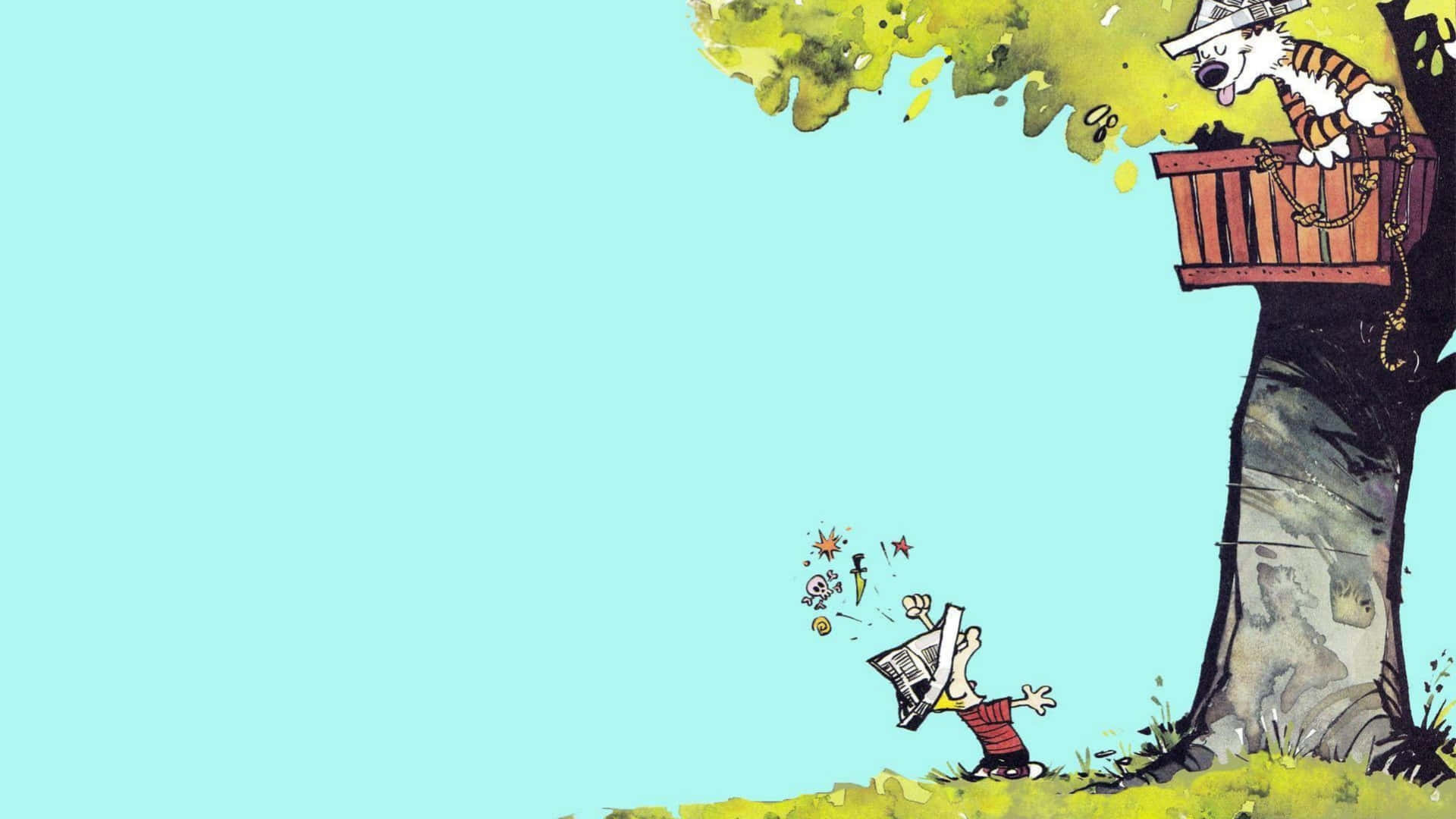 A Cartoon Of A Cat And A Boy In A Tree Background