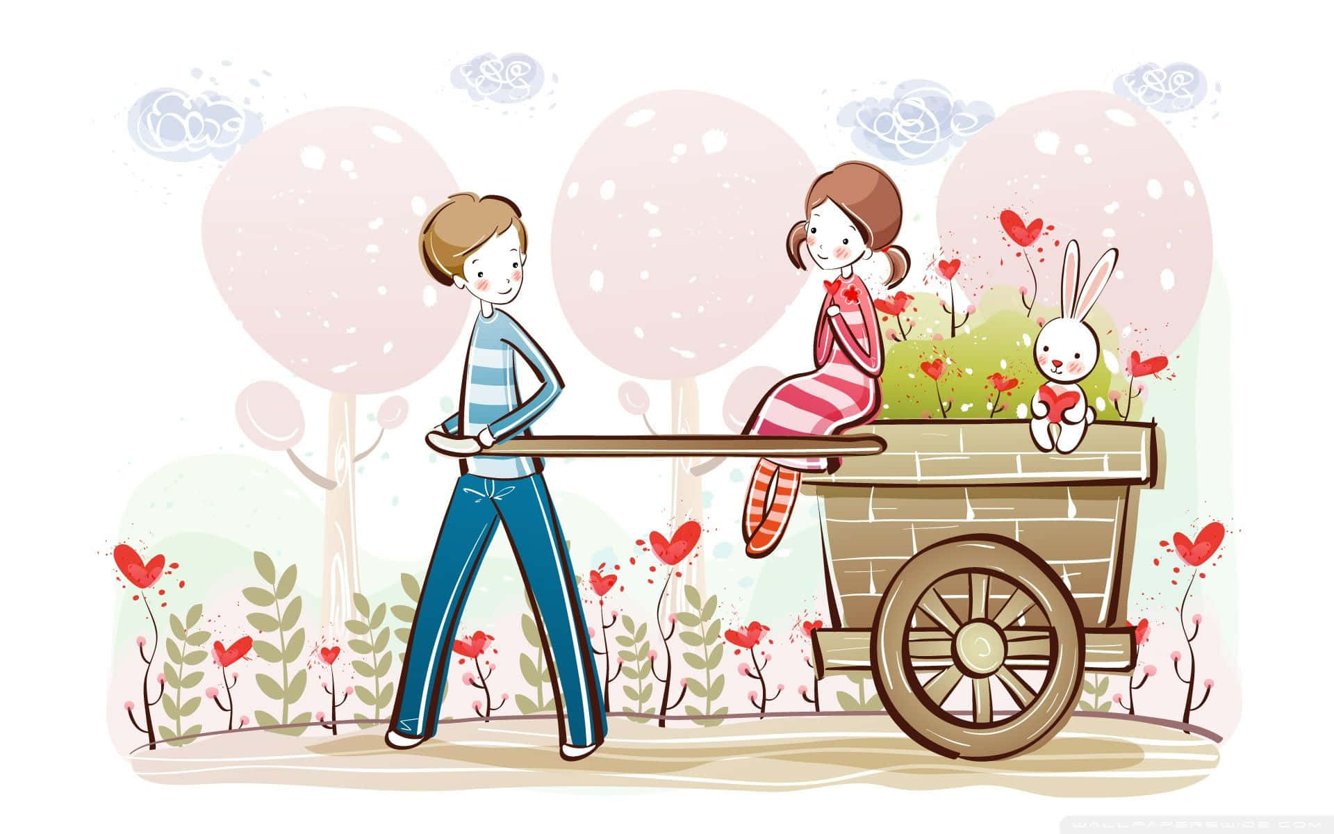 A Cartoon Of A Couple Pulling A Cart With Flowers
