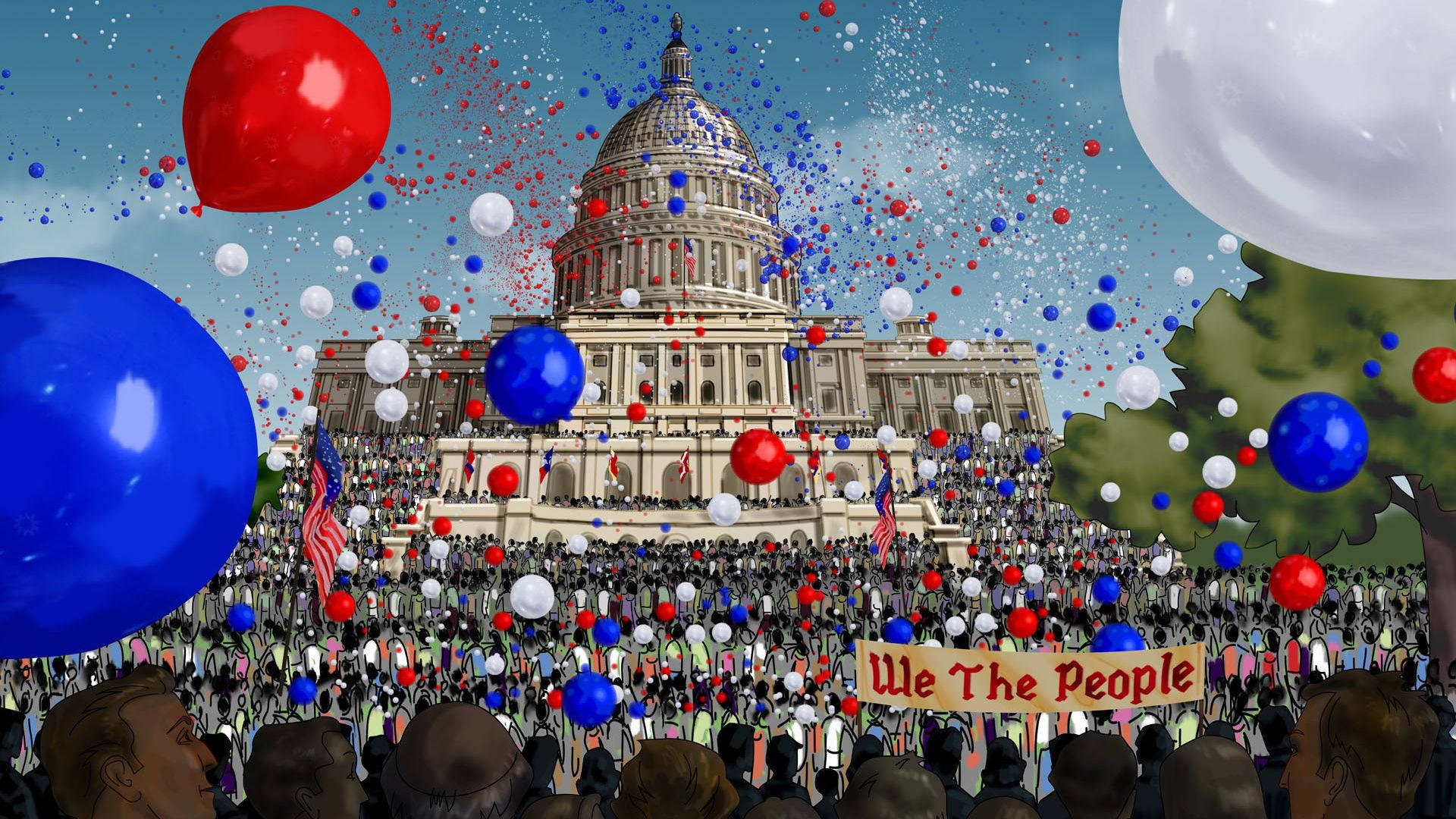 A Cartoon Of A Crowd Of People With Balloons In Front Of The Capitol Building Background
