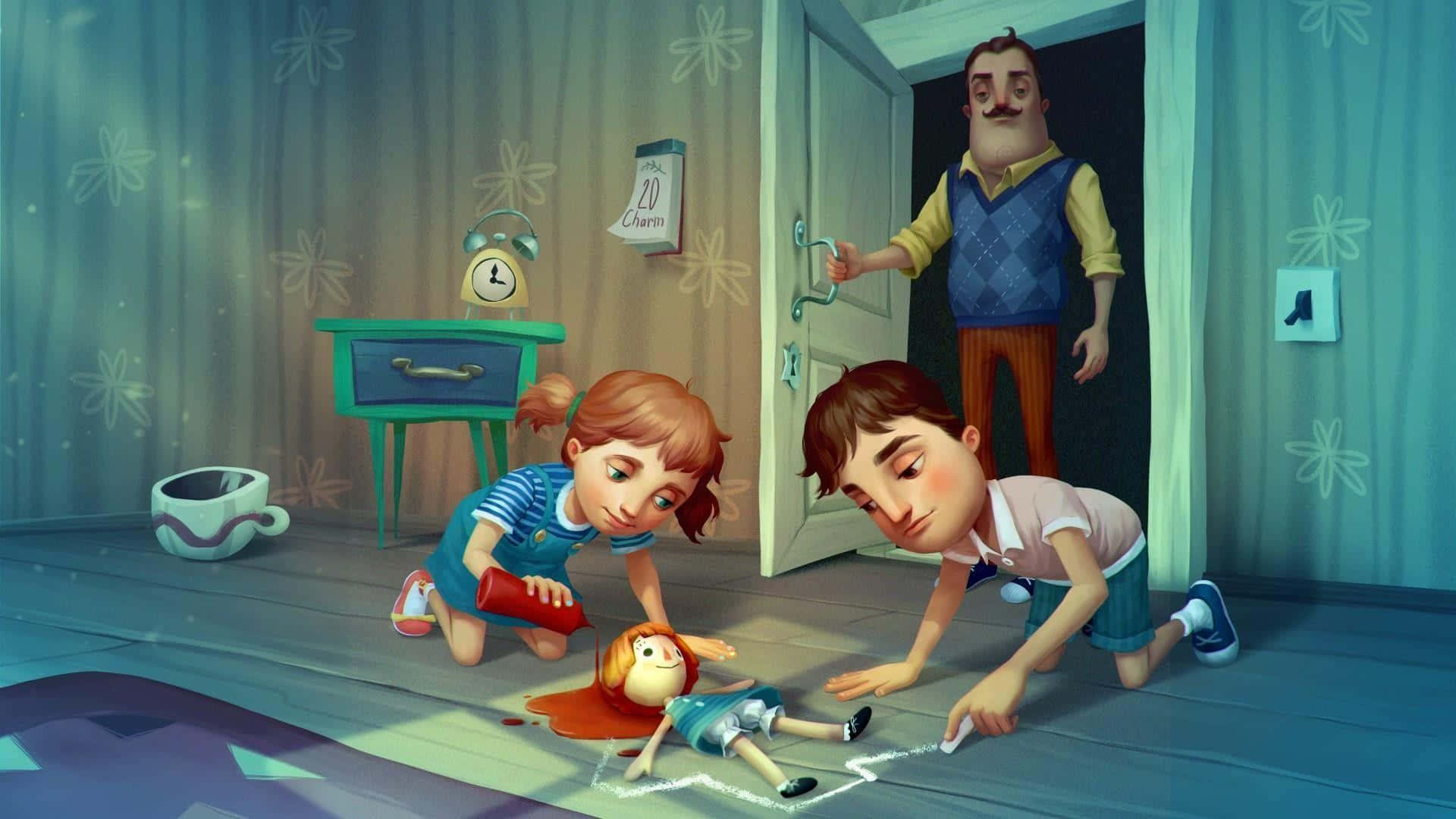 A Cartoon Of A Family In A Room With A Doll