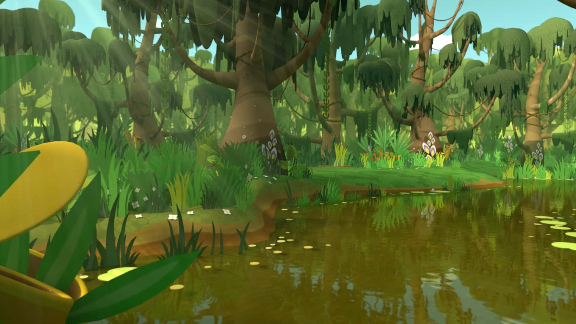 A Cartoon Of A Forest With Trees And A River Background