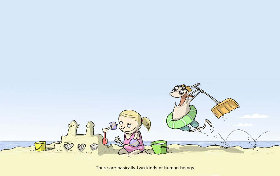 A Cartoon Of A Girl And Boy Playing On The Beach Background
