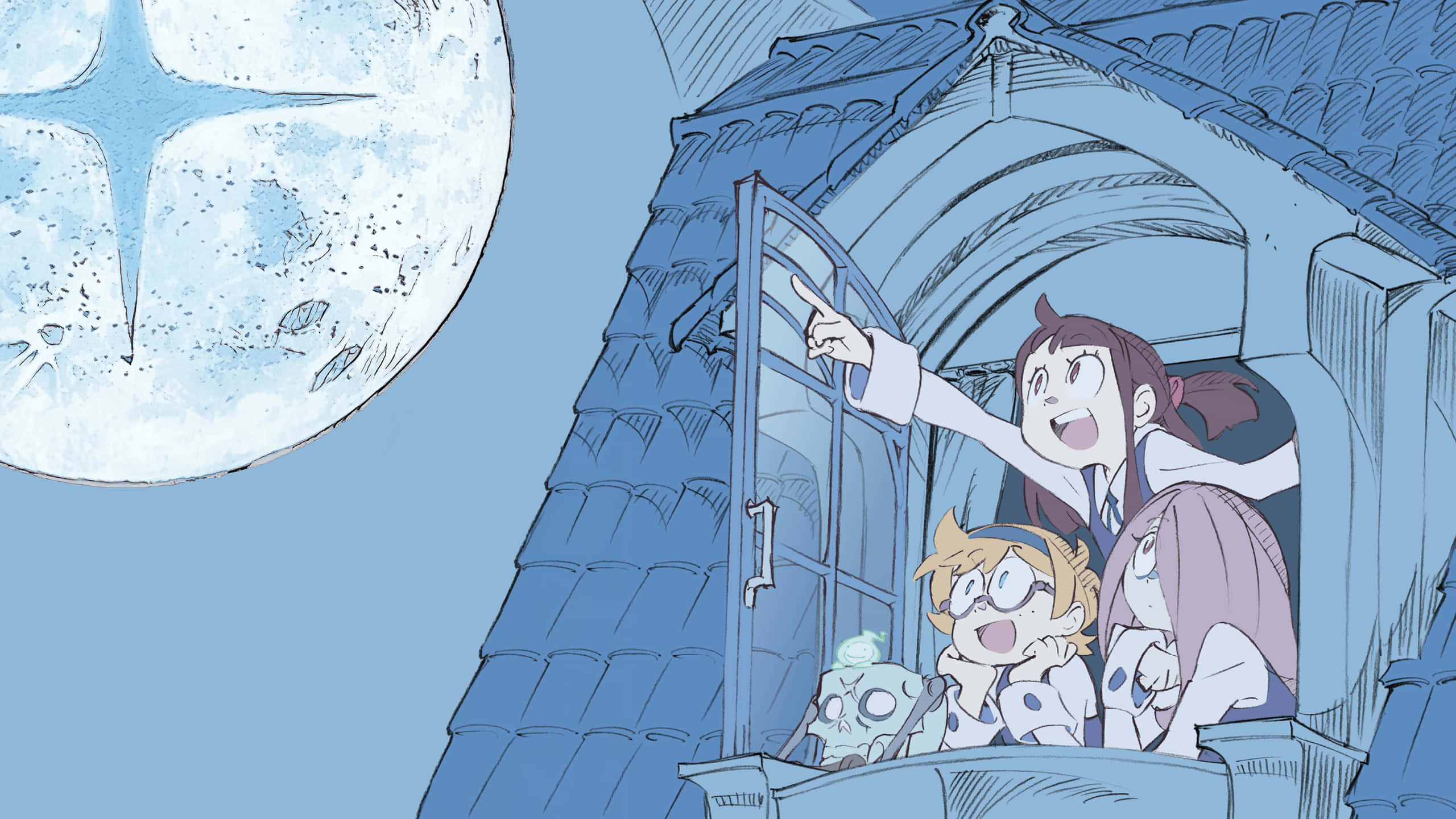 A Cartoon Of A Girl And Her Friends Looking Out Of A Window Background