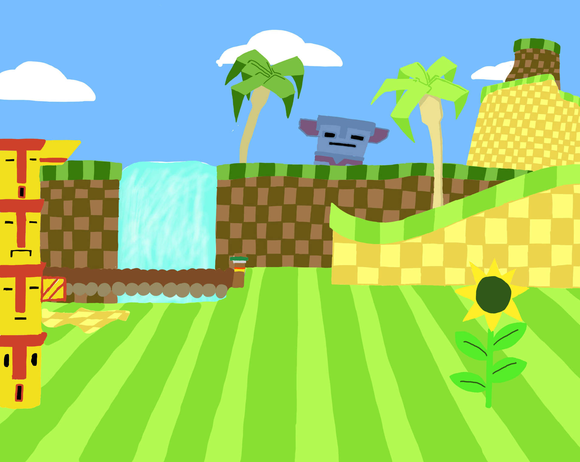 A Cartoon Of A Green Field With A Waterfall Background