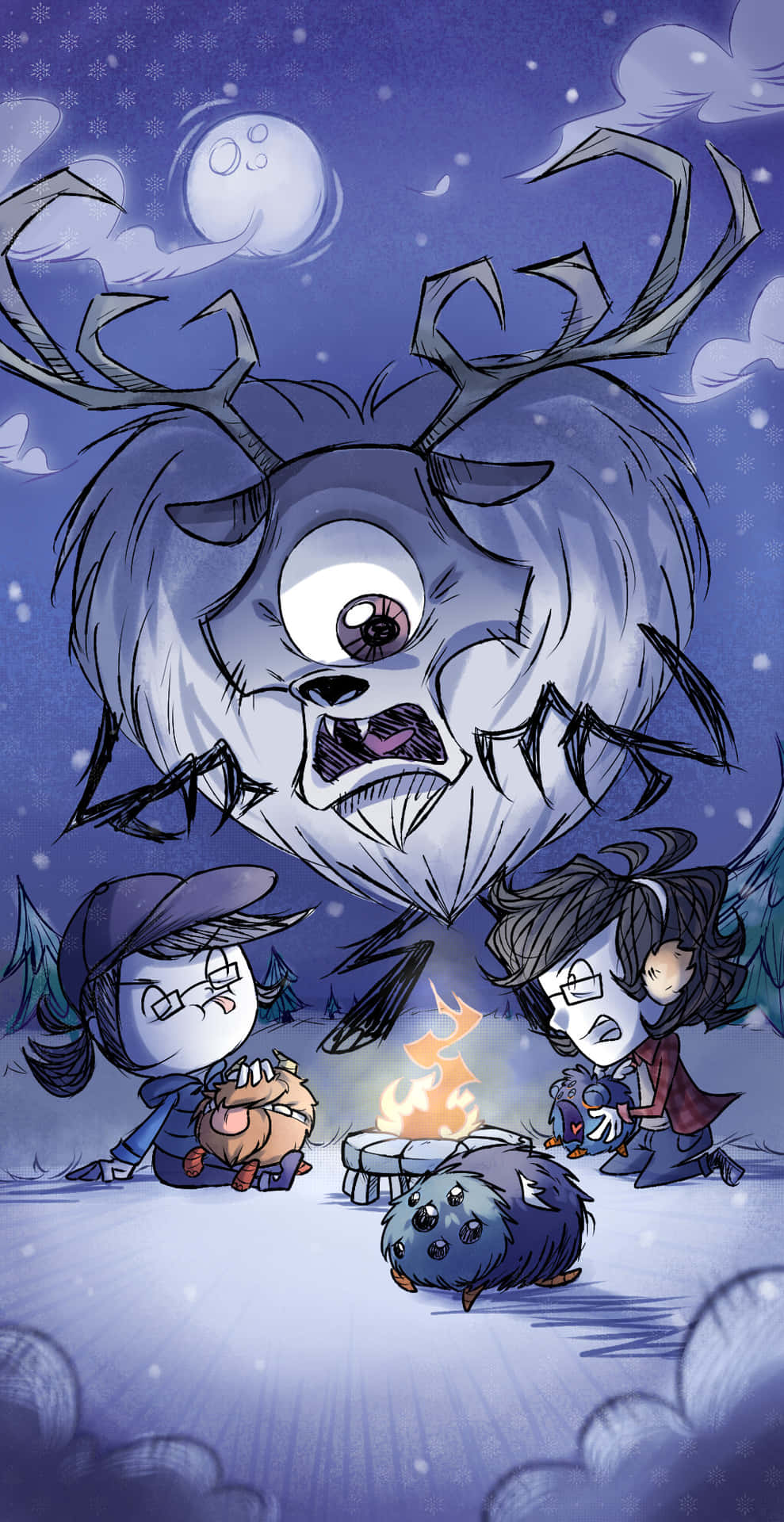 A Cartoon Of A Group Of People With A Deer In The Snow Background