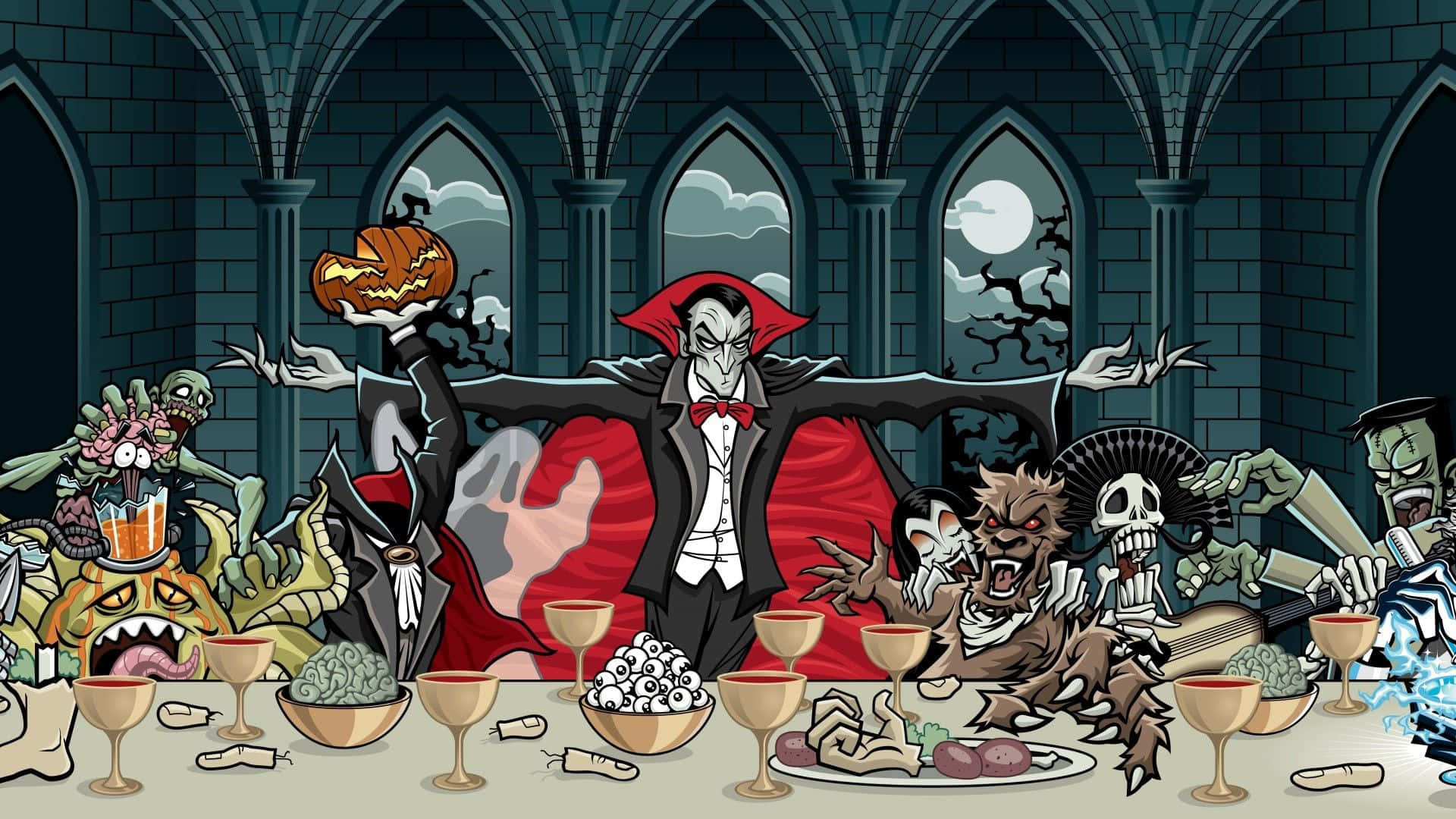 A Cartoon Of A Halloween Dinner Table With Many Characters Background
