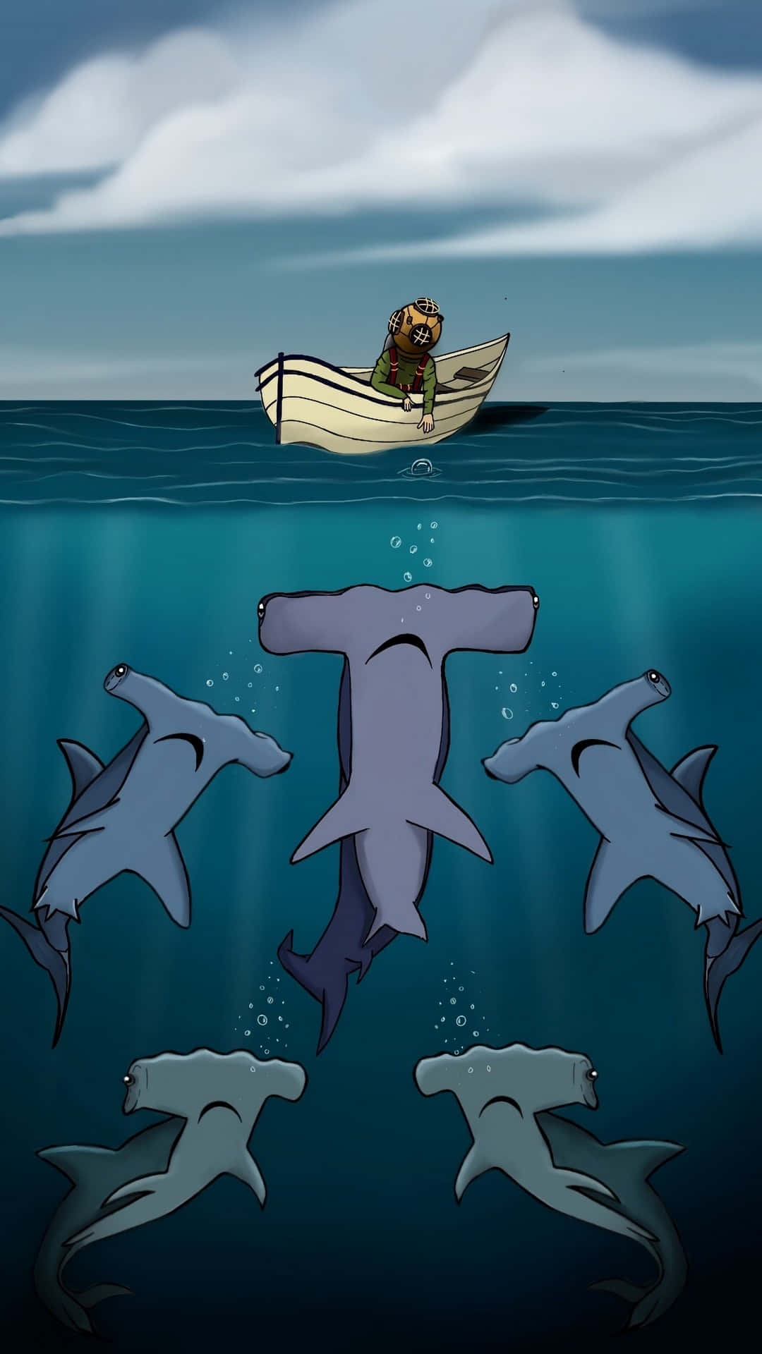 A Cartoon Of A Man In A Boat With Sharks Background