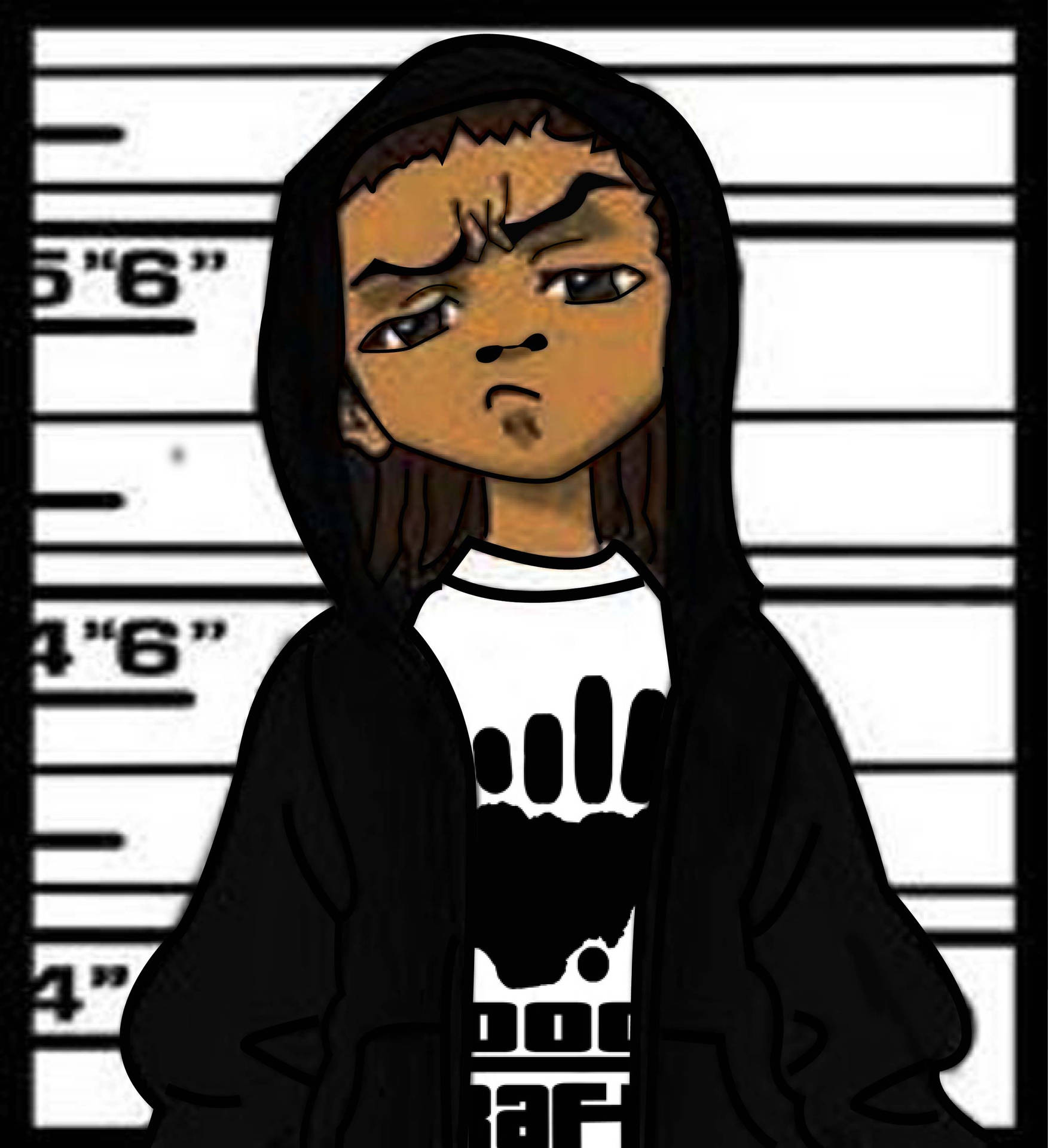 A Cartoon Of A Man In A Hoodie Standing Next To A Mugshot Background