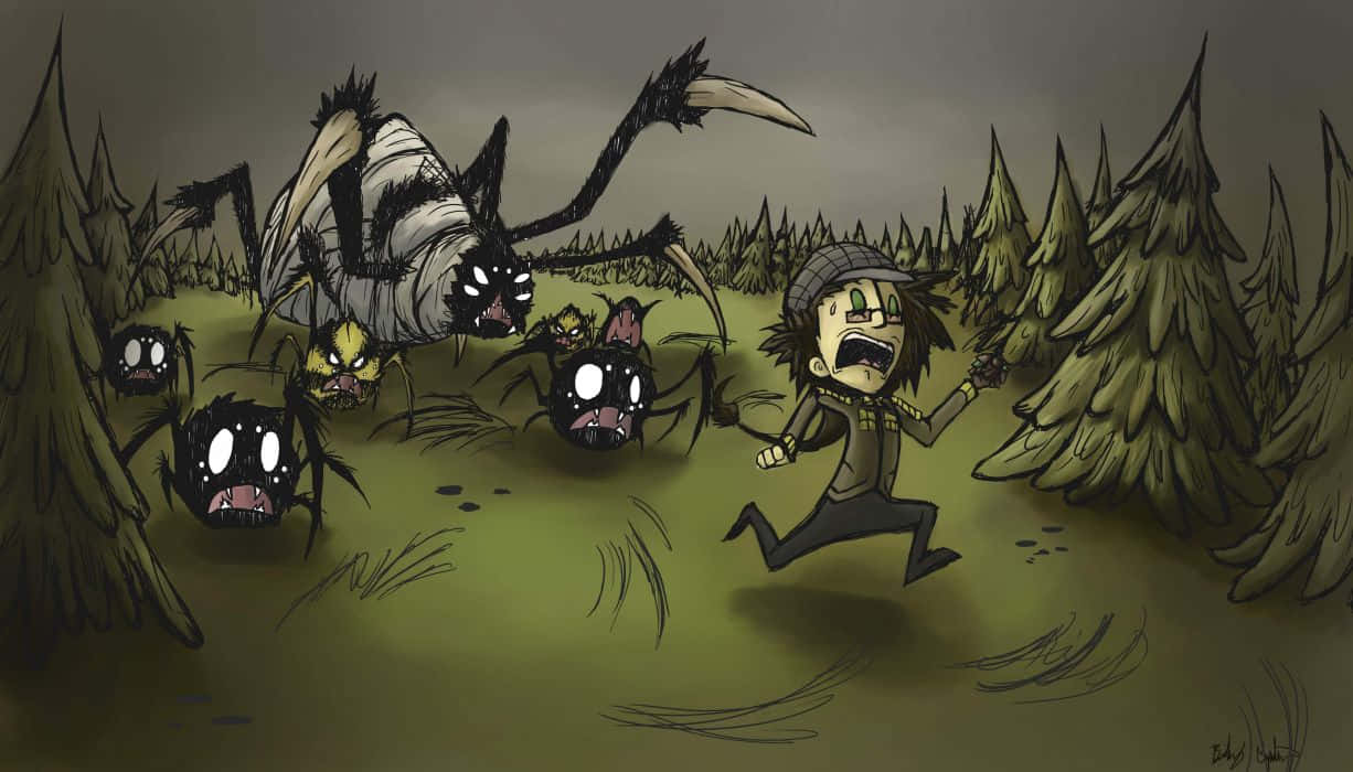 A Cartoon Of A Man Running Through The Woods With A Spider