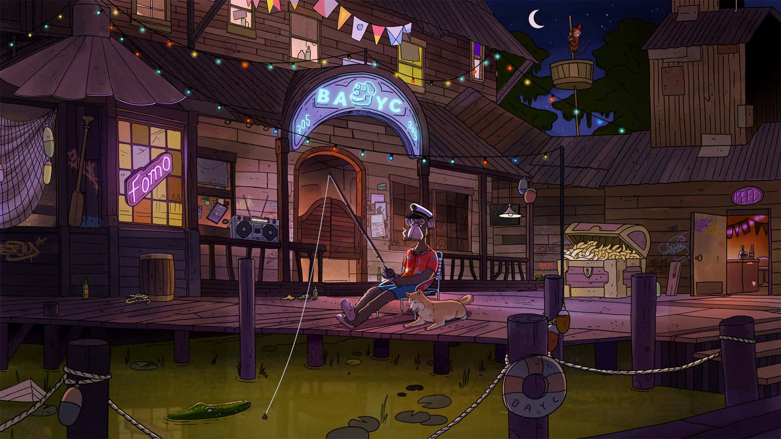 A Cartoon Of A Night Scene With A Boat And A Dock Background