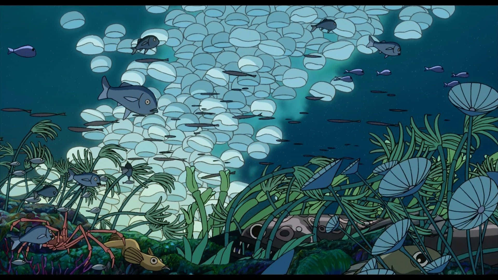 A Cartoon Of A Sea With Fish And Plants Background