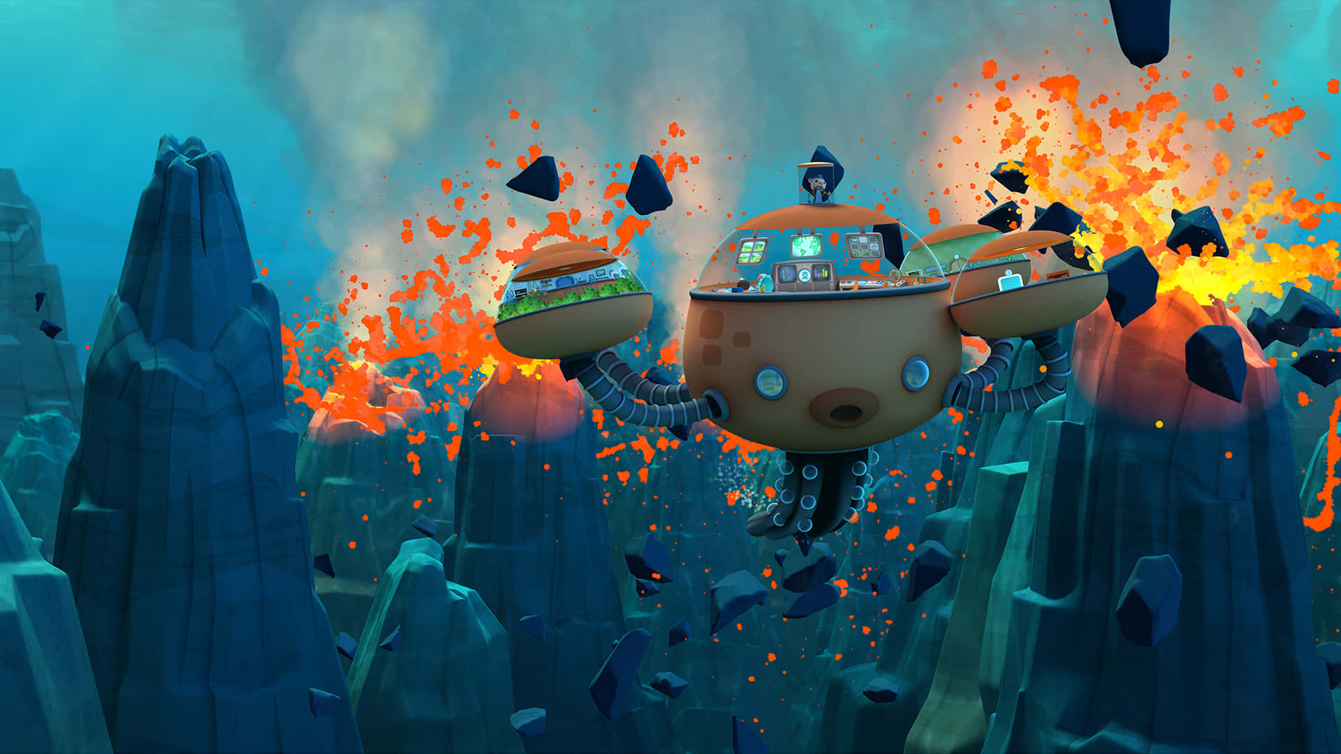 A Cartoon Of A Ship Flying Over A Volcano Background