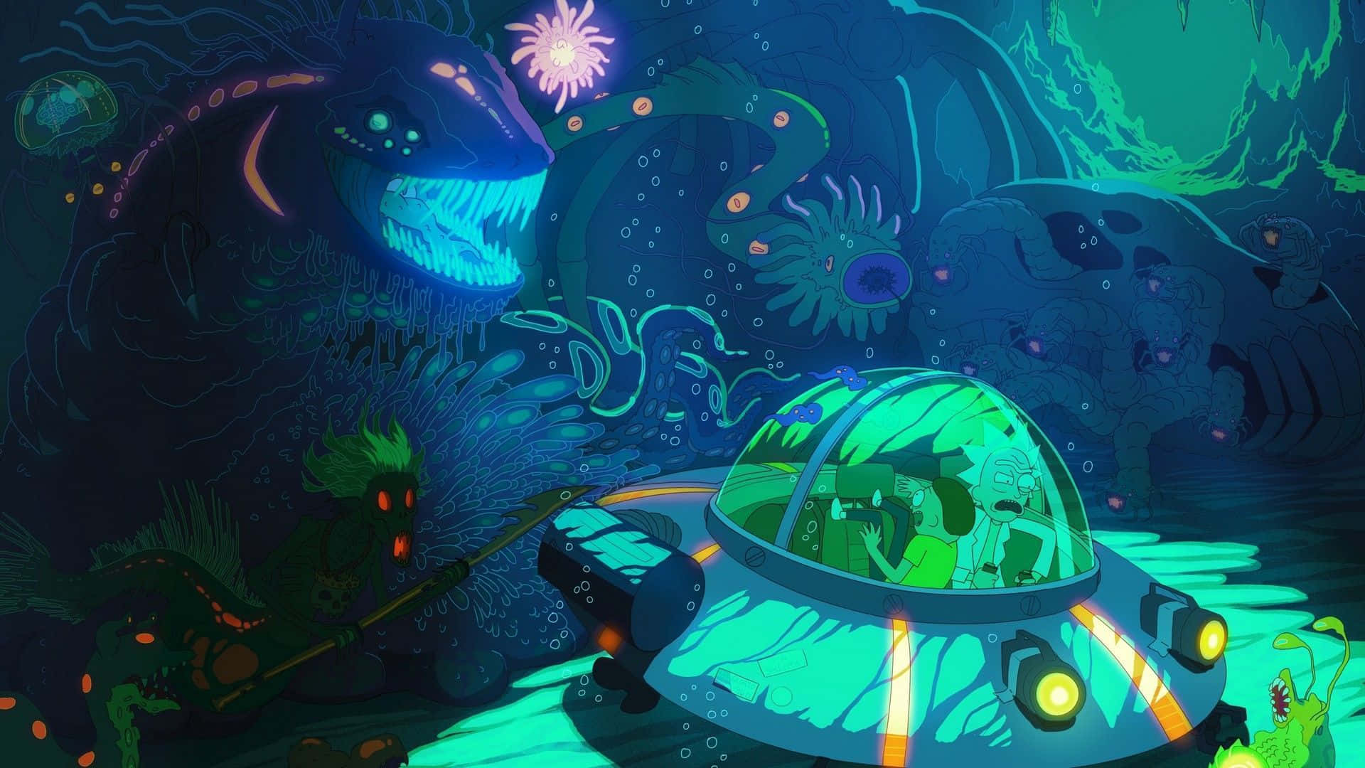 A Cartoon Of A Spaceship In The Ocean Background