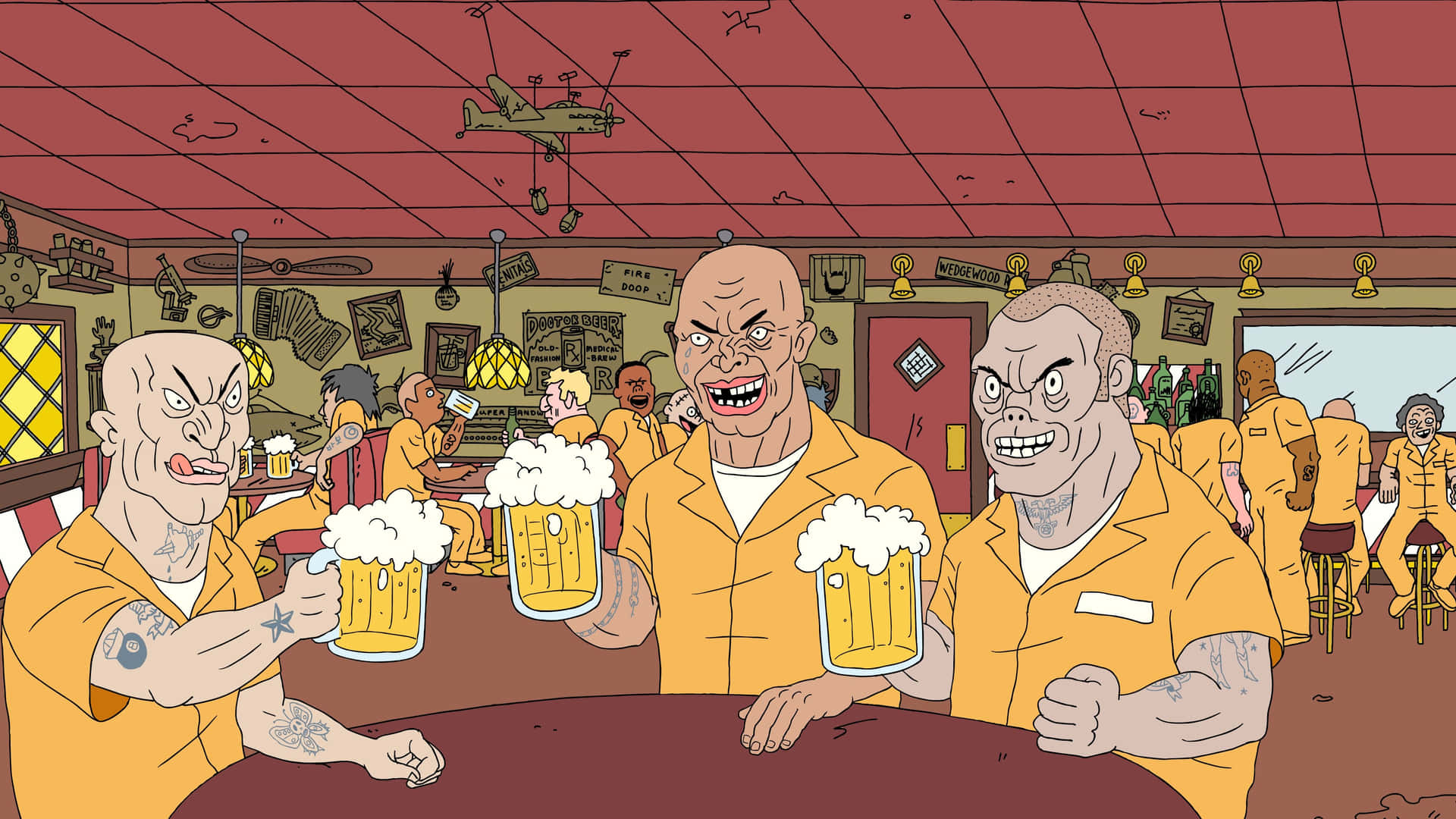 A Cartoon Of Men In Prison Background