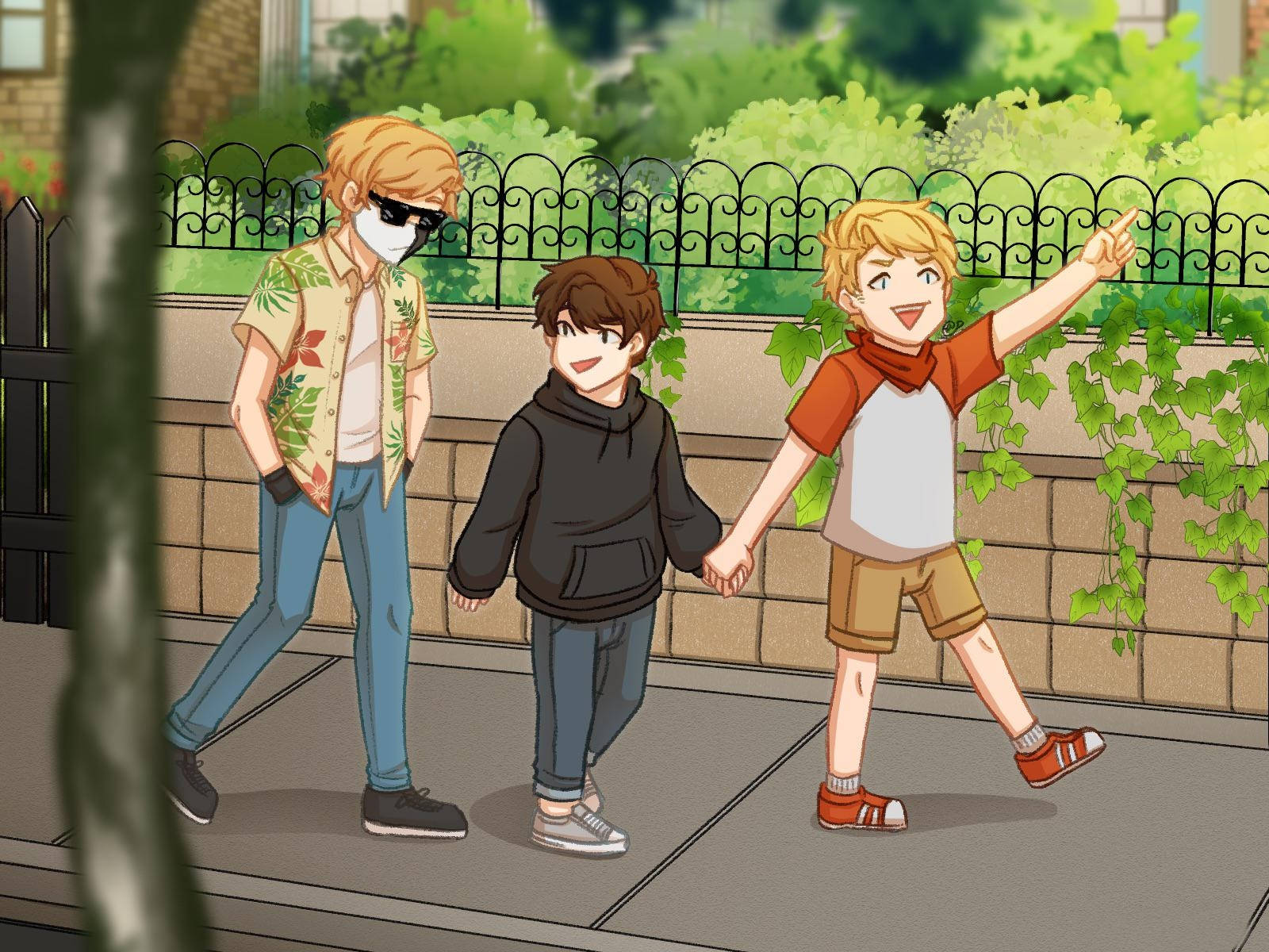 A Cartoon Of Three Boys Walking Down The Street Background