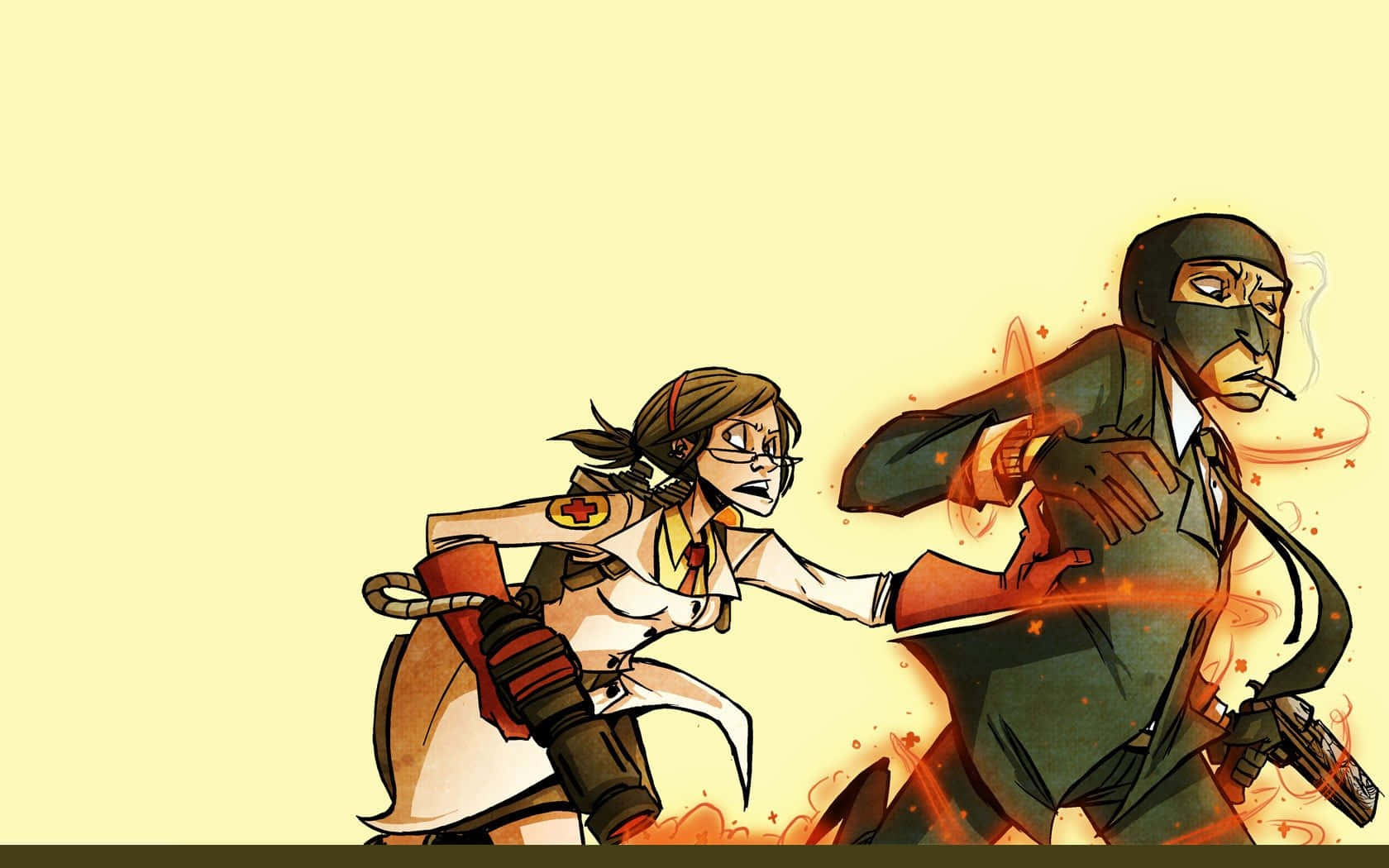 A Cartoon Of Two People Fighting In A Fire Background