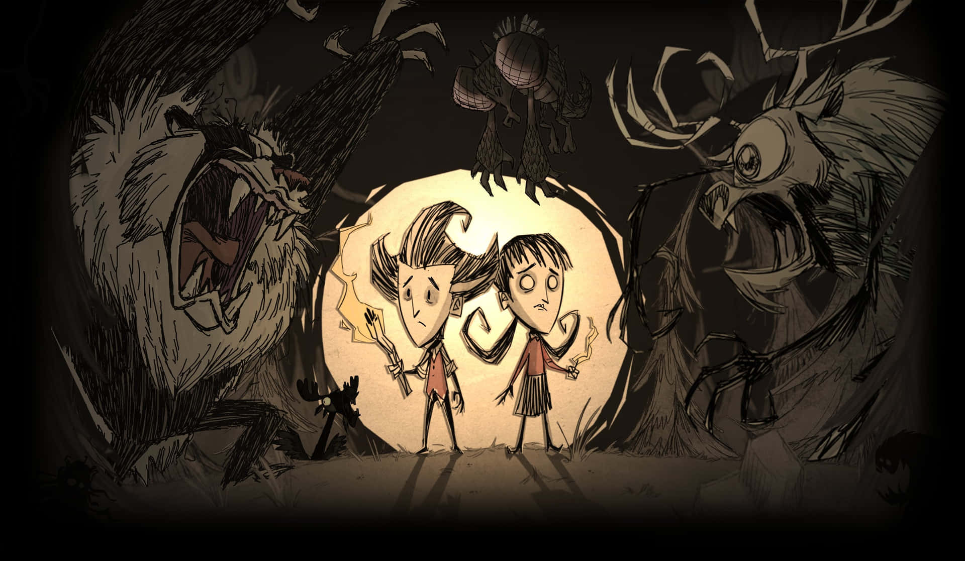 A Cartoon Of Two People In A Dark Forest Background