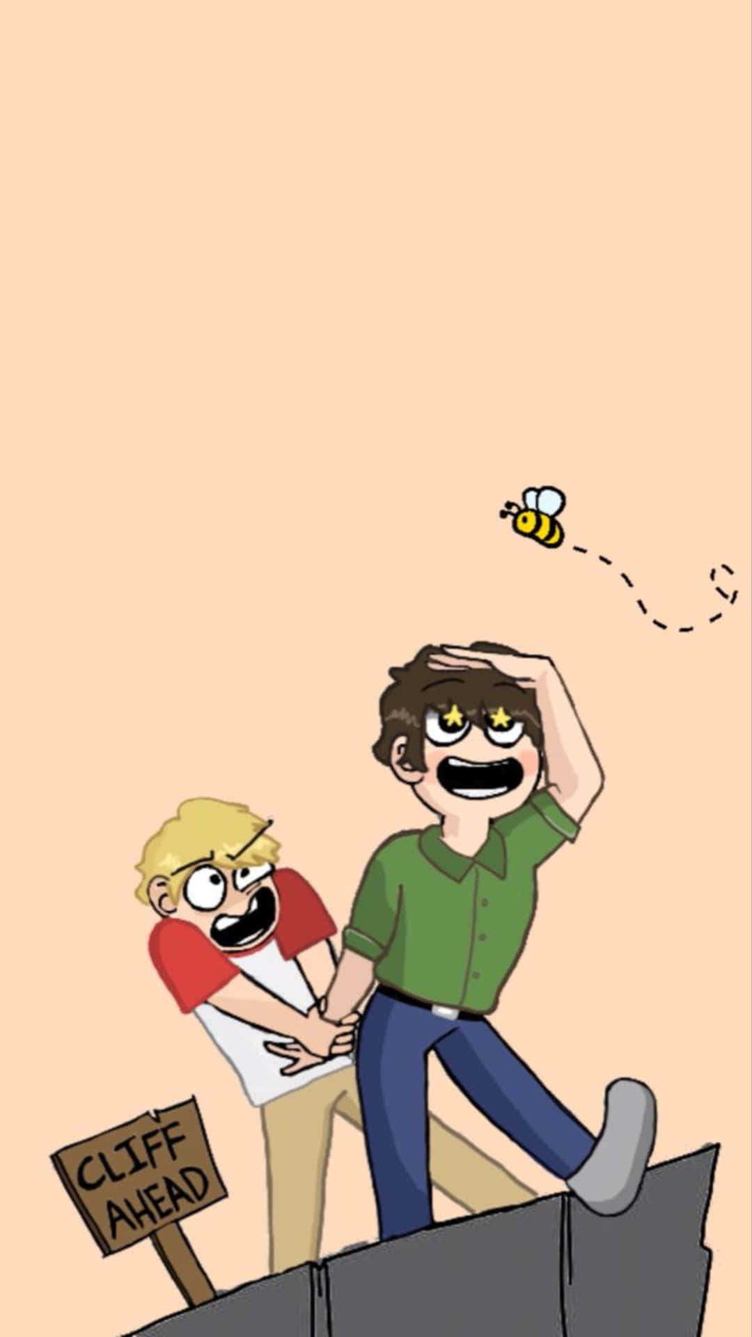 A Cartoon Of Two People On A Cliff With A Sign