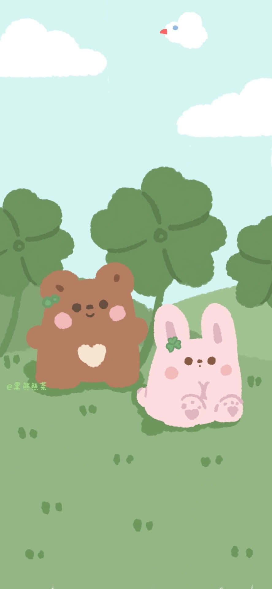 A Cartoon Of Two Teddy Bears In The Grass Background