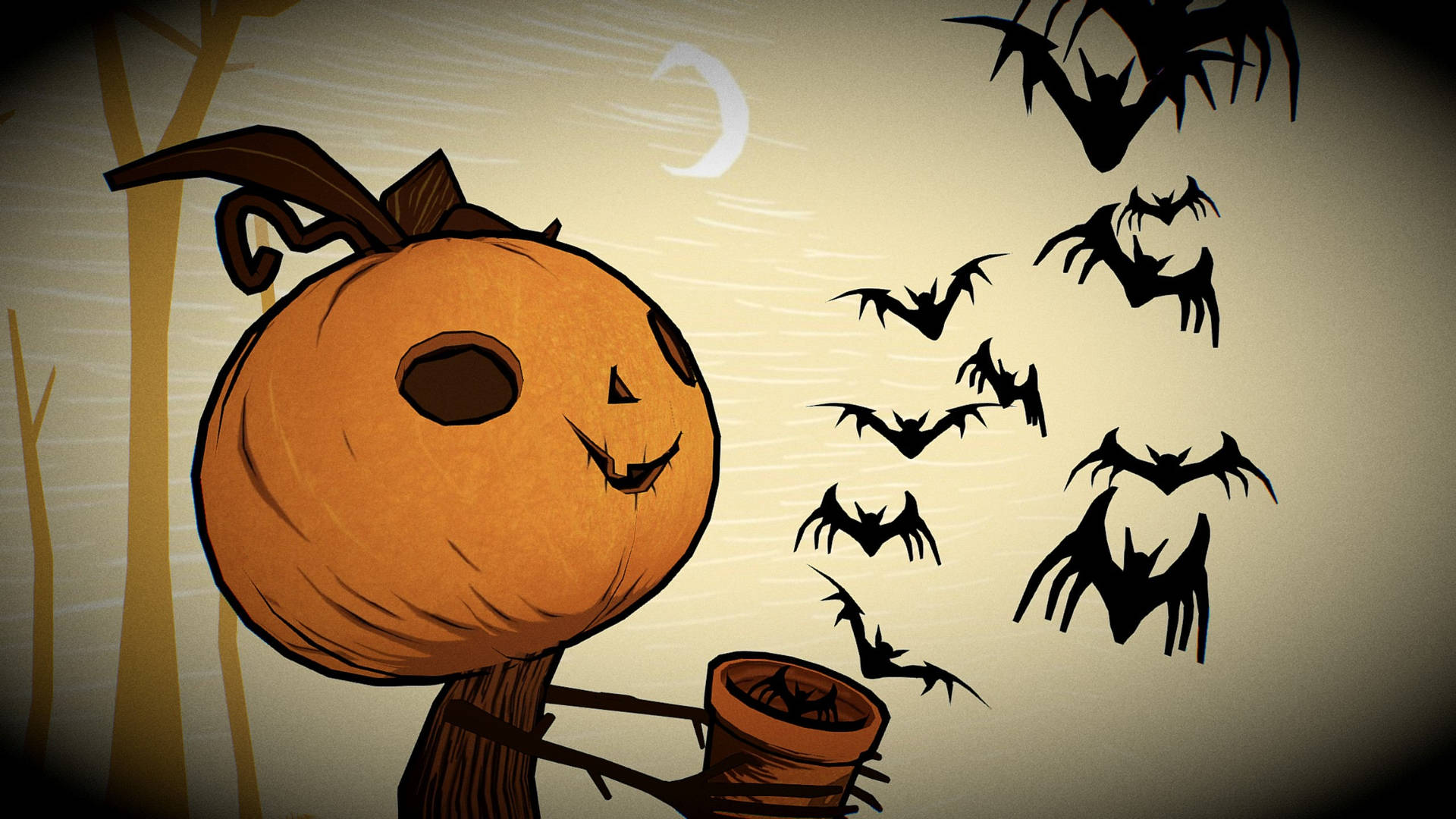 A Cartoon Pumpkin With Bats Flying Around It Background