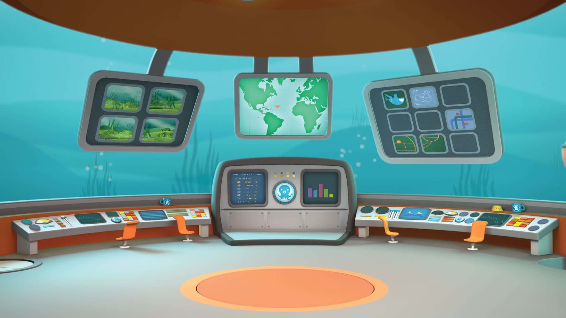 A Cartoon Scene Of A Space Station With Many Monitors Background