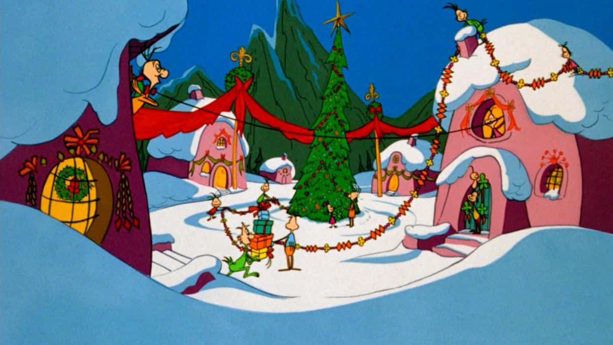 A Cartoon Scene With A Christmas Village Background