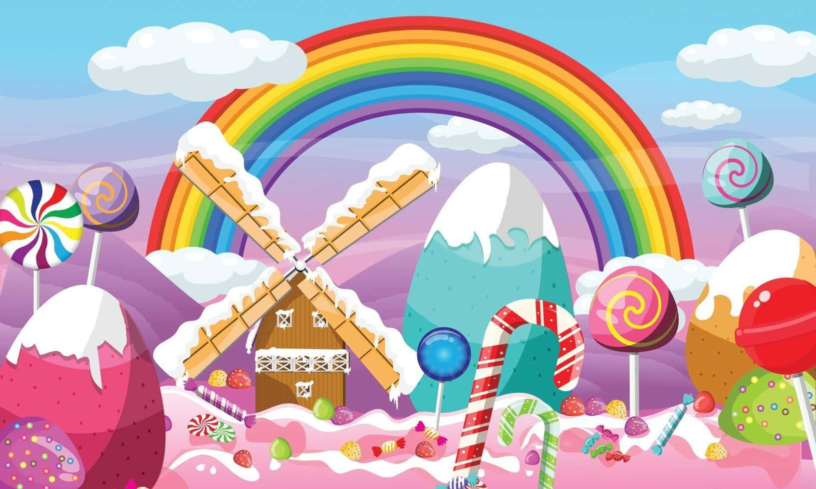 A Cartoon Scene With Candy And A Rainbow Background