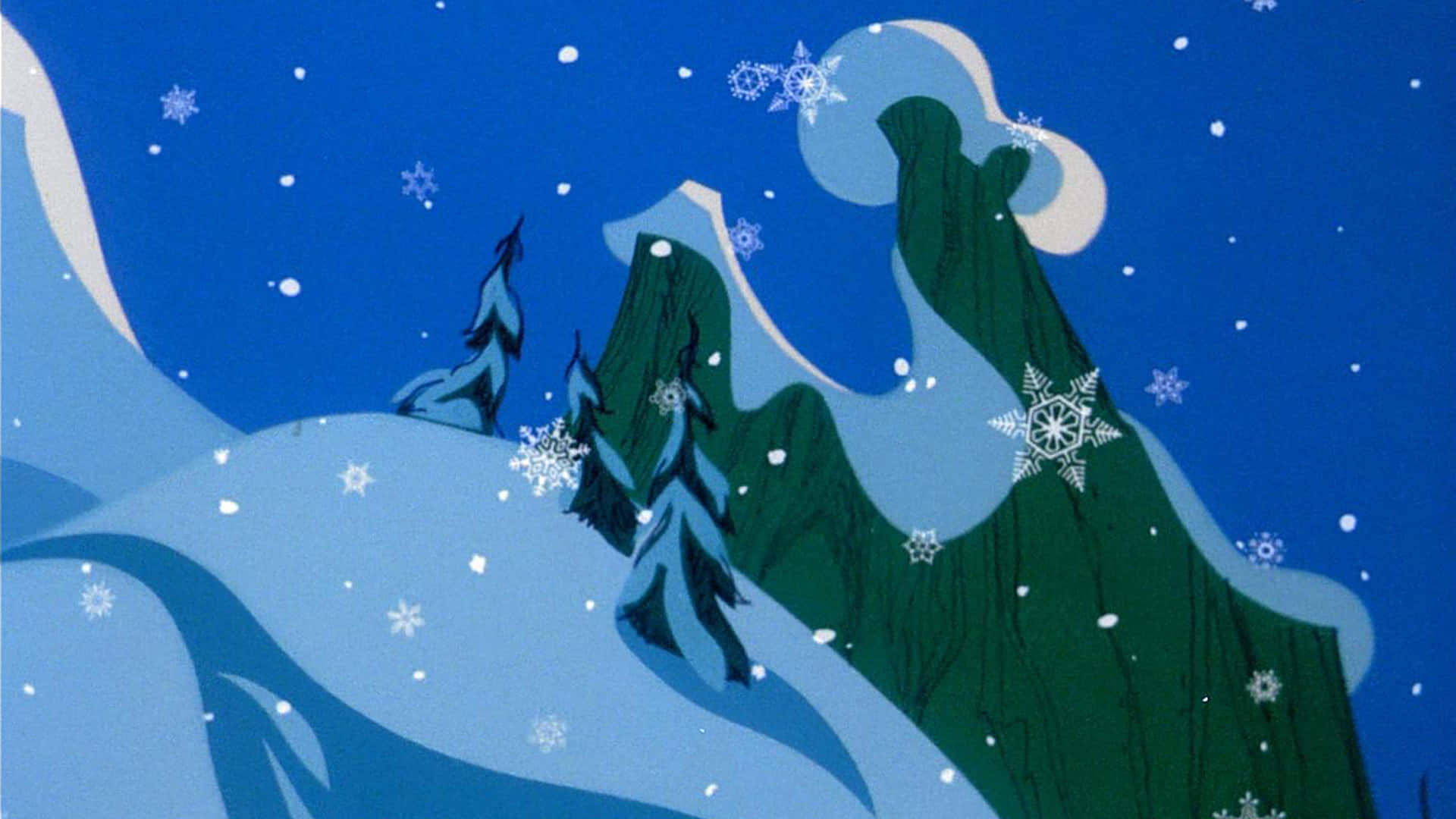 A Cartoon Scene With Snow And Snowflakes Background