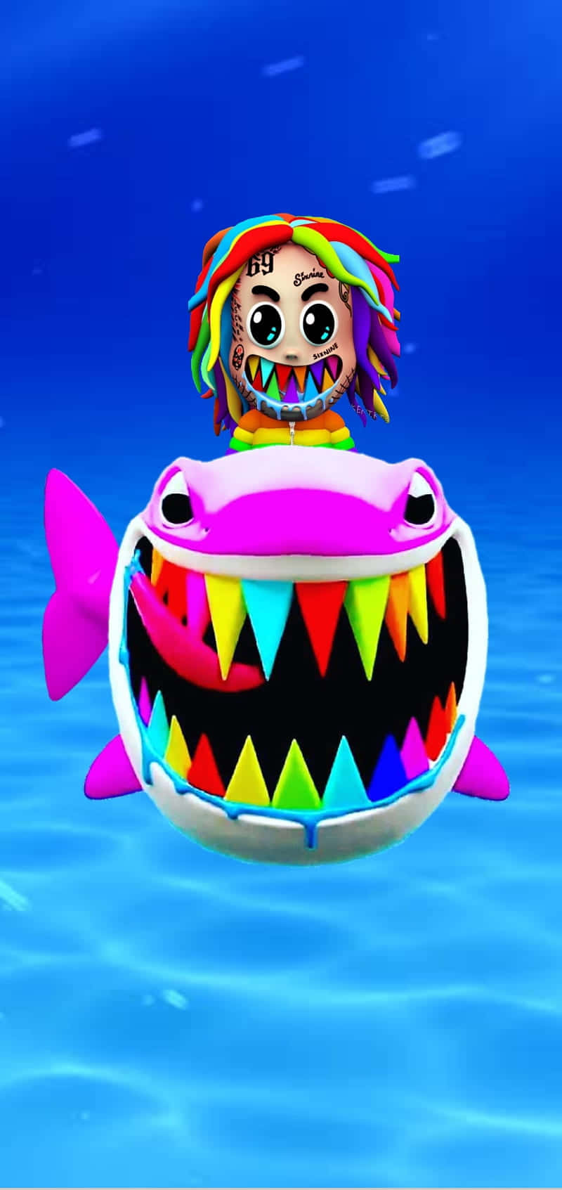 A Cartoon Shark With A Rainbow Colored Mouth Background