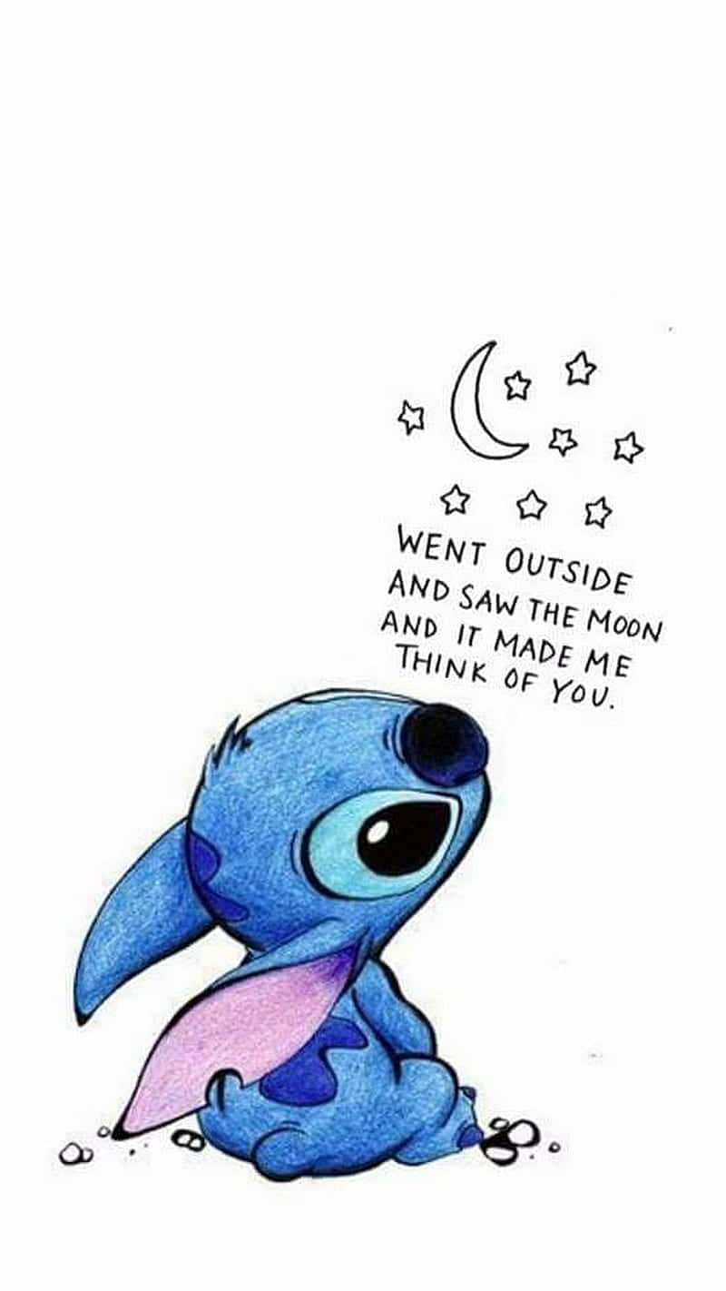 A Cartoon Stitch Sitting On The Ground With The Words, Wet Stitch And The Moon'' Background