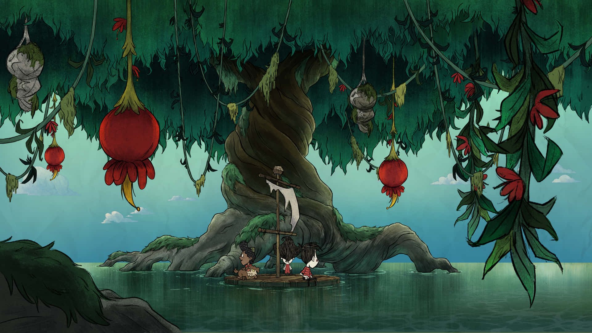 A Cartoon Tree With Flowers Hanging From It Background