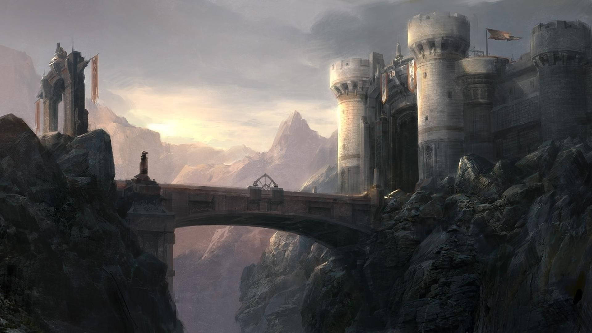 A Castle In The Mountains With A Bridge Background