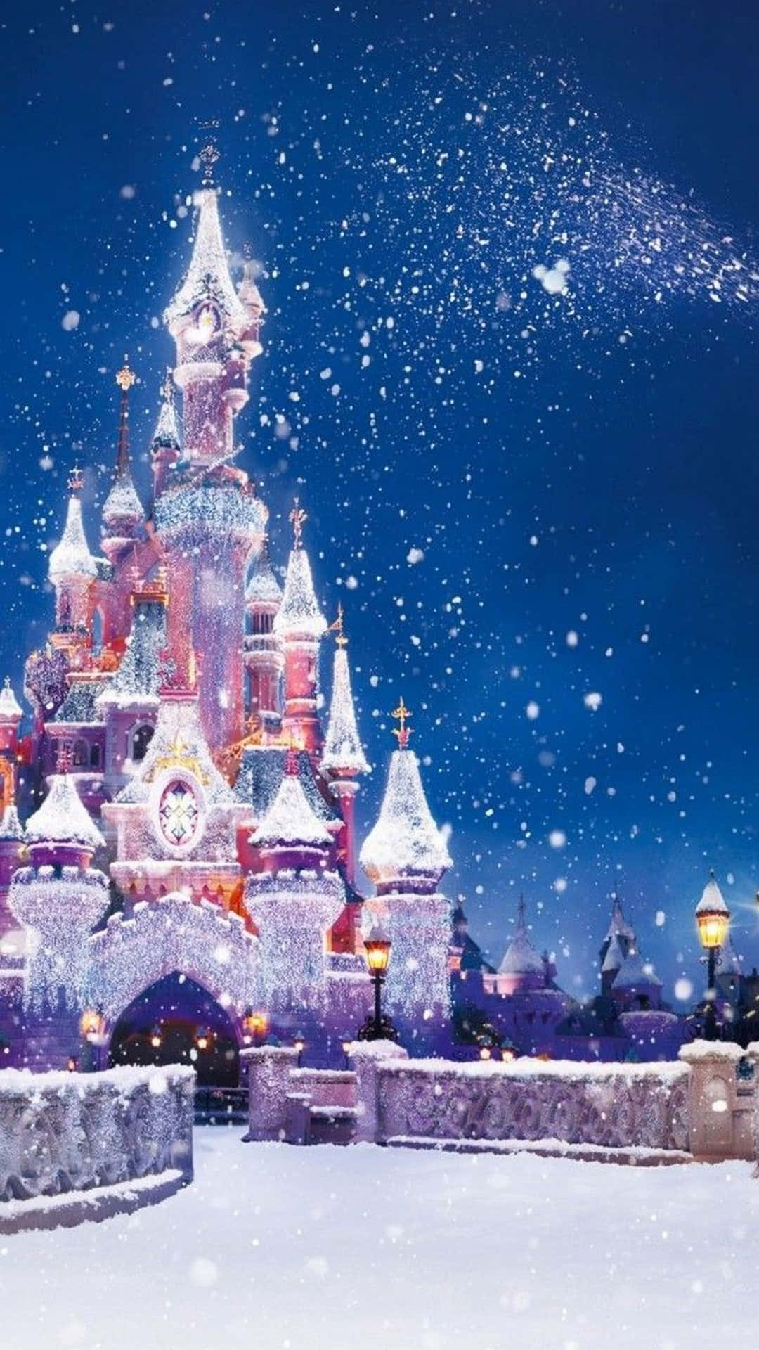 A Castle Is Covered In Snow And Snowflakes Background