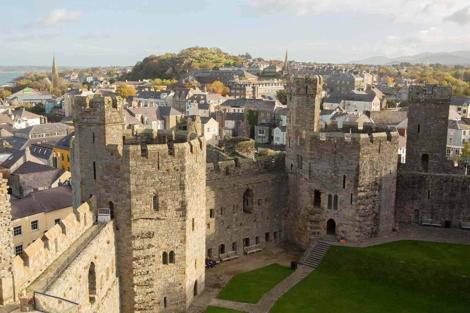 A Castle With A Green Lawn And A City Background