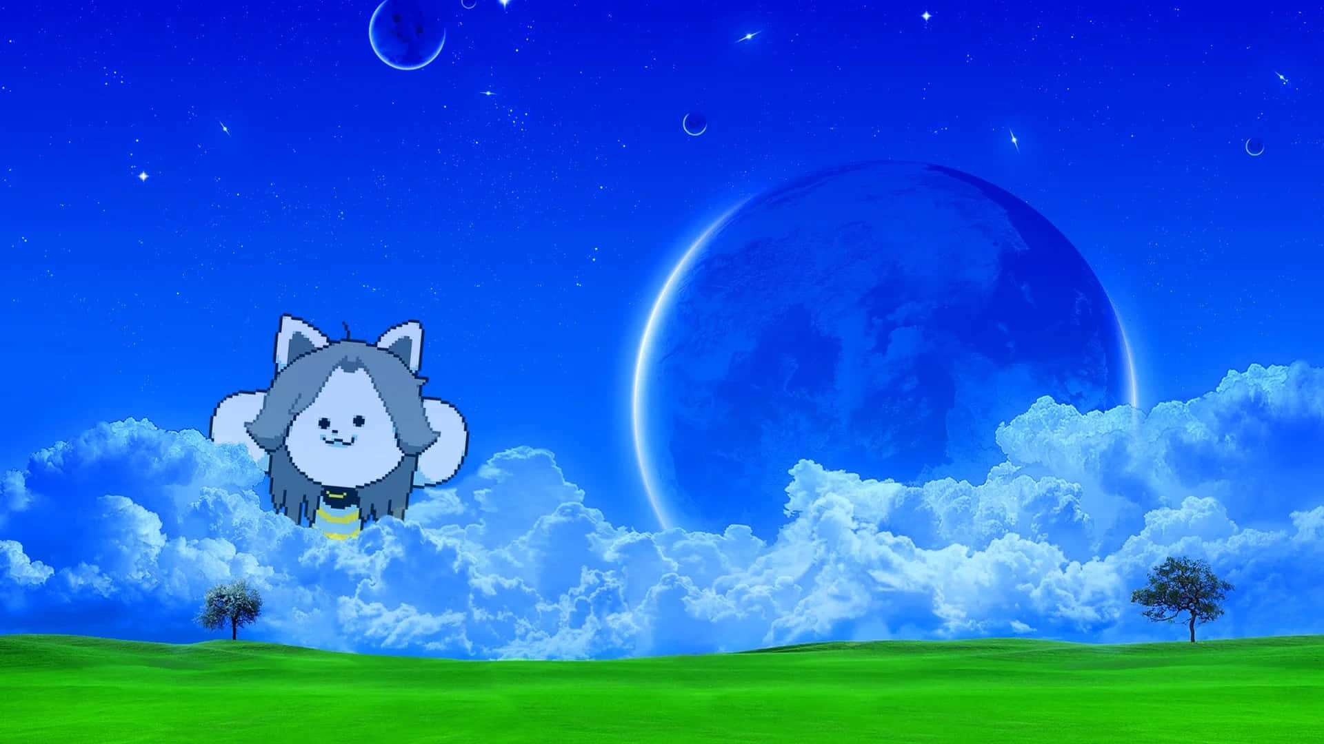 A Cat Flying In The Sky With Clouds And Stars Background