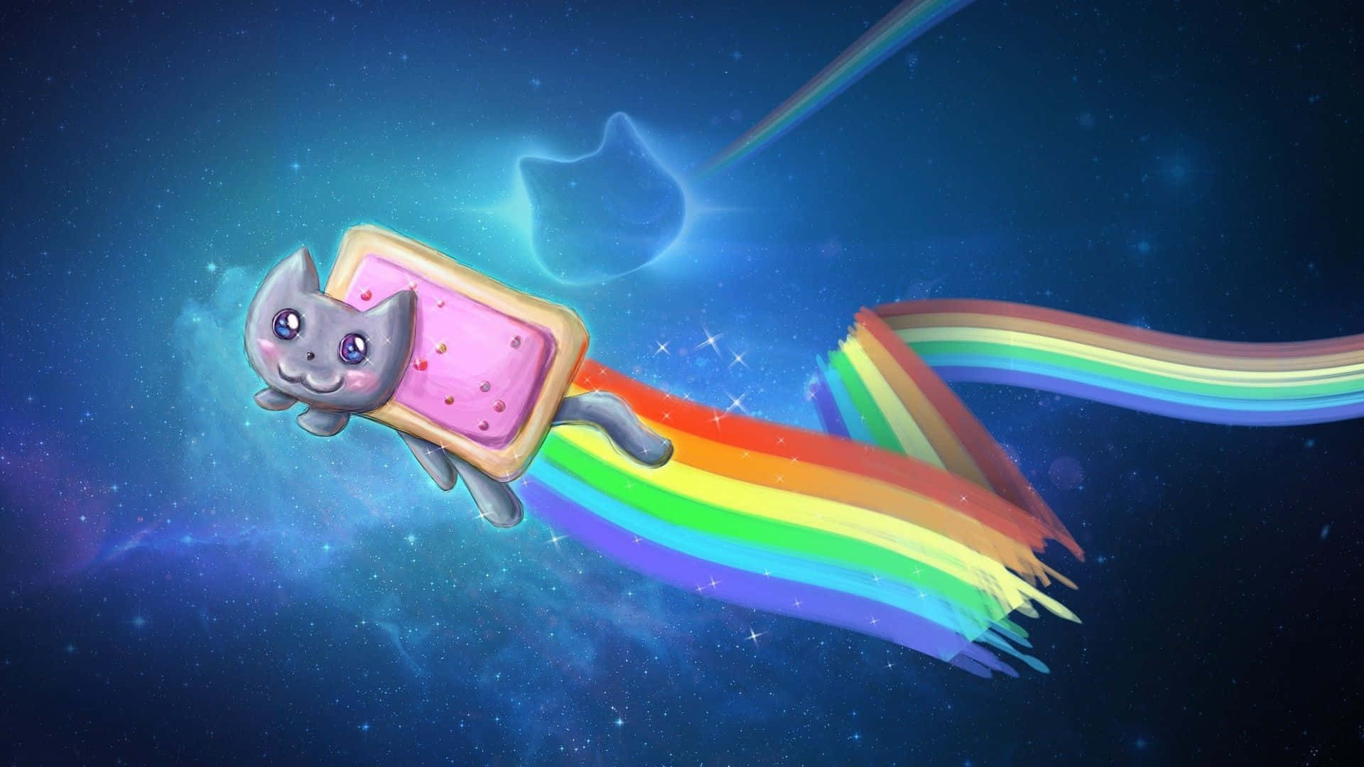 A Cat Flying Through Space With A Rainbow On It Background