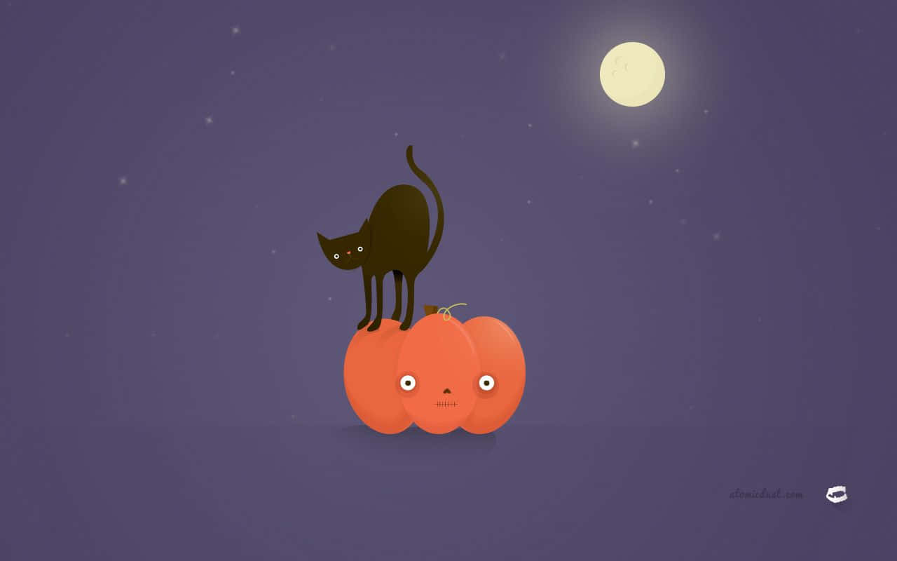 A Cat Is Sitting On A Pumpkin In The Dark Background