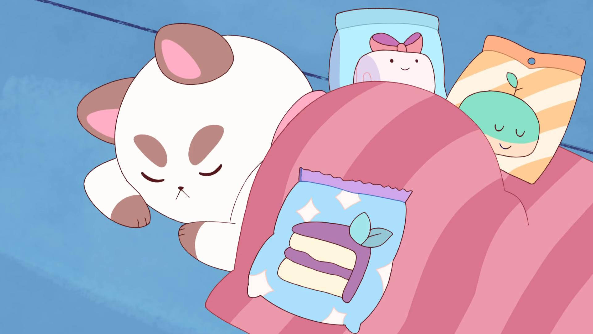 A Cat Is Sleeping On A Bed With Some Snacks Background