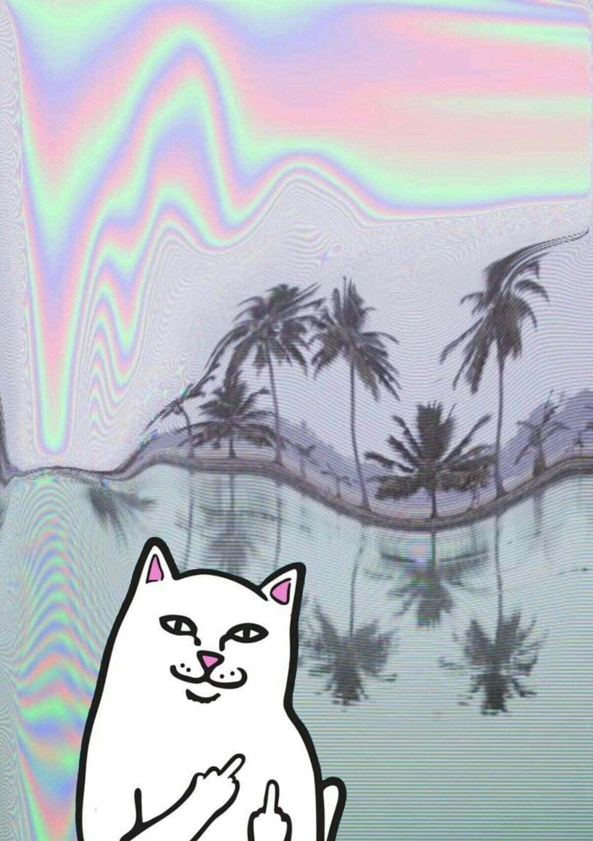 A Cat Is Standing In Front Of A Palm Tree Background