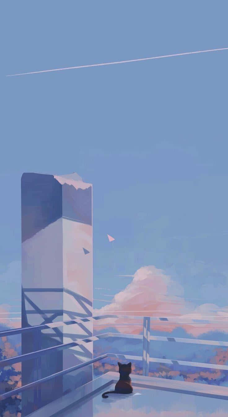 A Cat Sitting On A Balcony Overlooking The Ocean Background