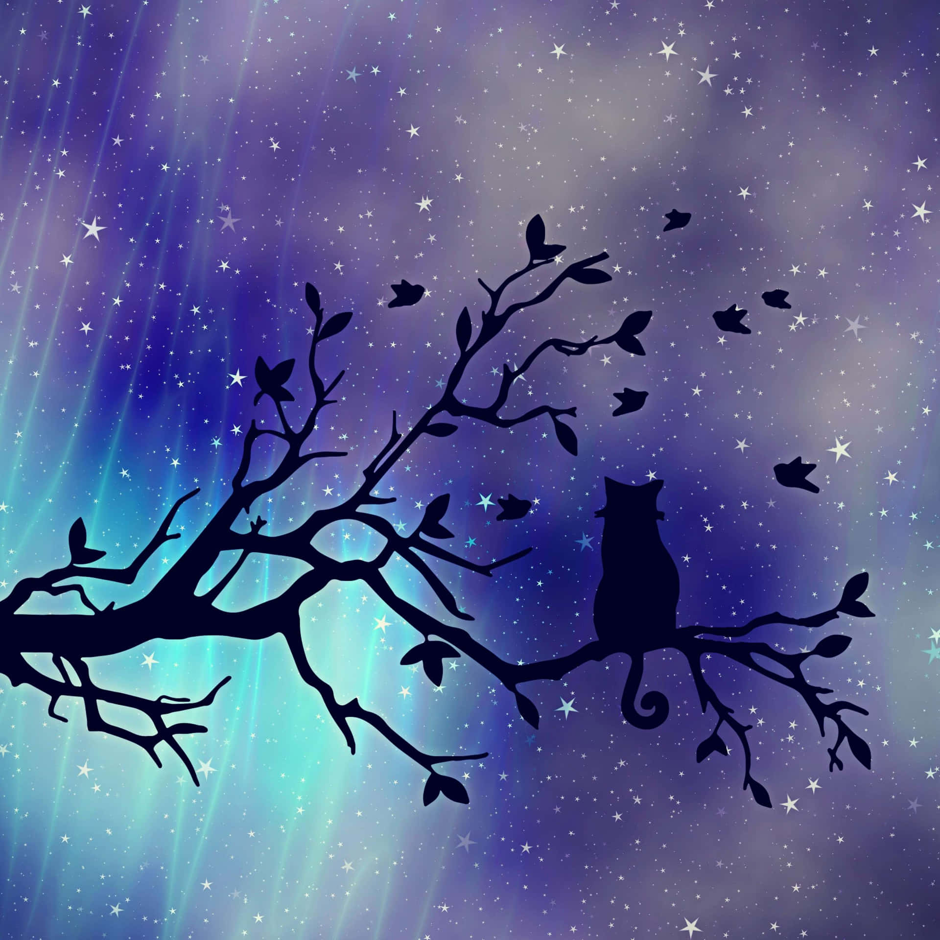 A Cat Sitting On A Tree Branch With Stars In The Sky Background