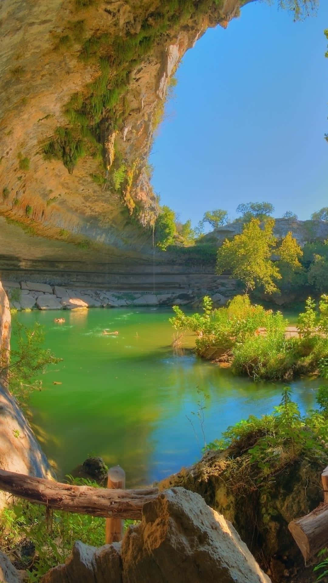 A Cave With A Green River And Trees Background