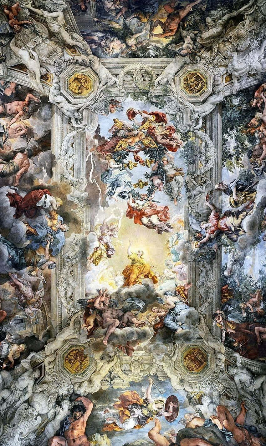 A Ceiling With Many Paintings And Angels Background