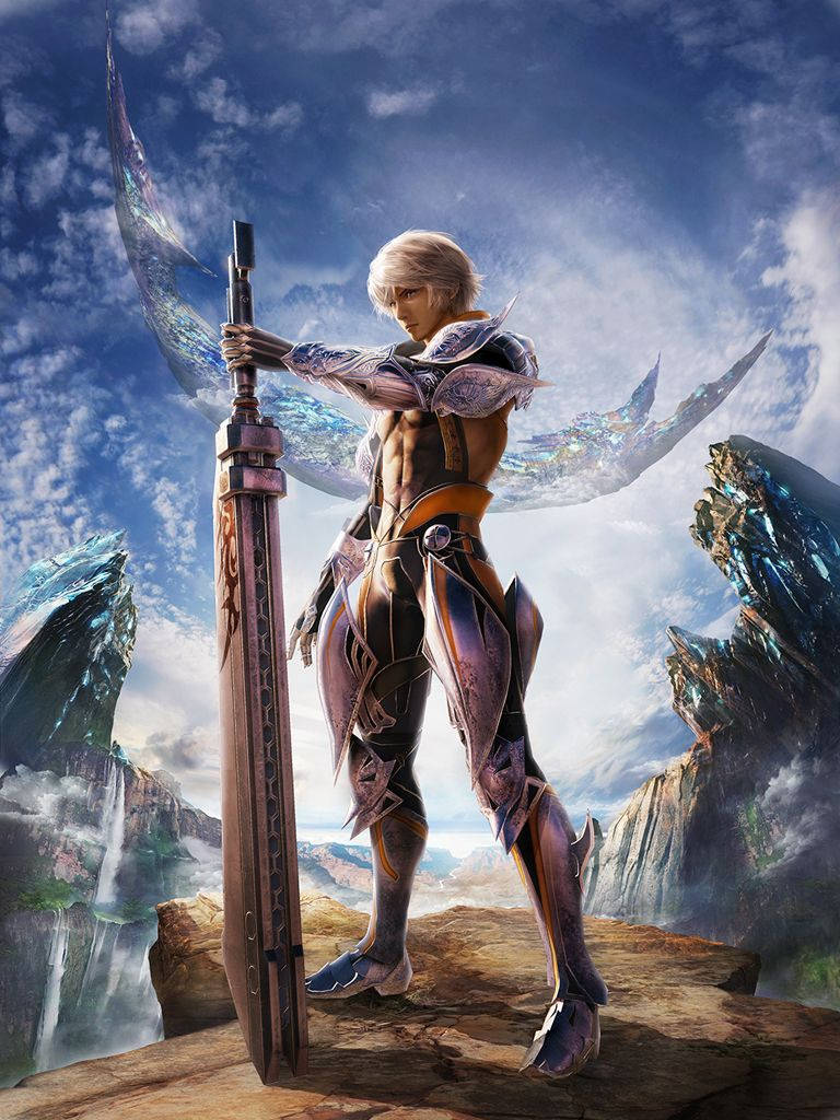 A Character Holding A Sword On Top Of A Mountain Background