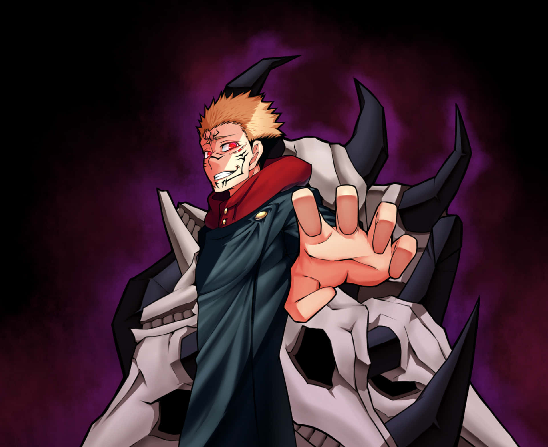 A Character In A Black Coat Standing Next To A Skull Background