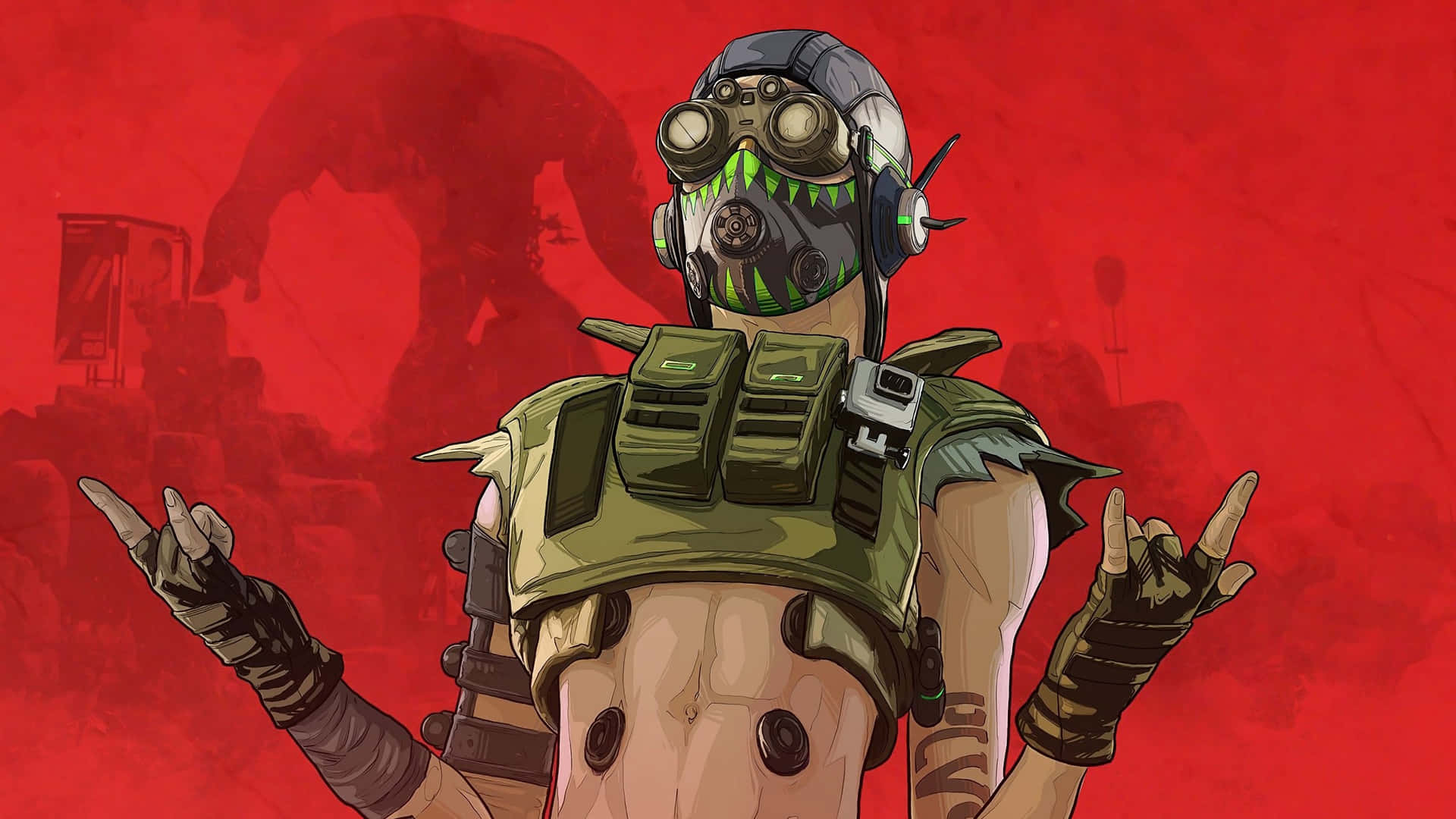 A Character In A Gas Mask And A Gun Background