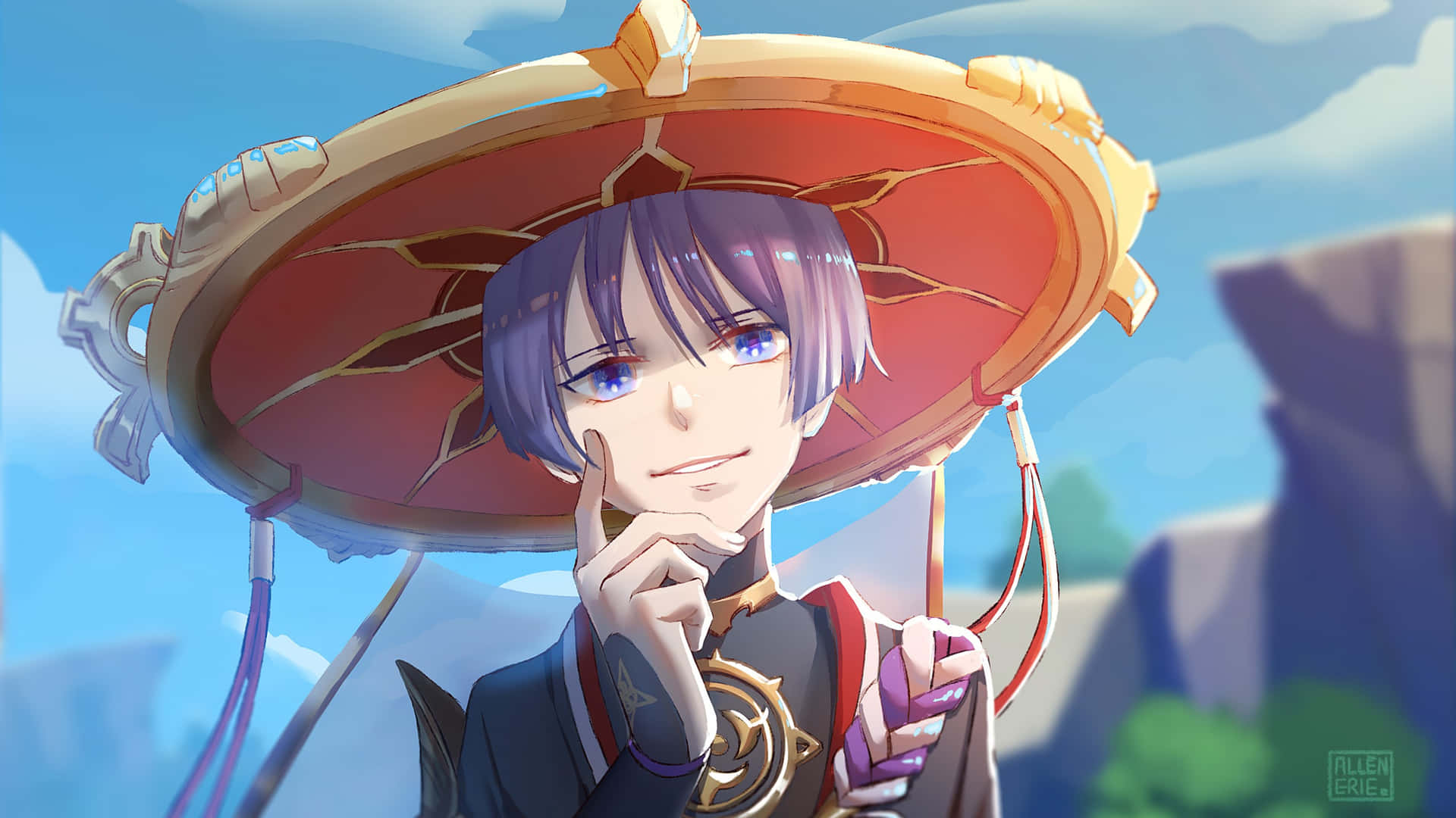 A Character In A Hat With Blue Hair Background