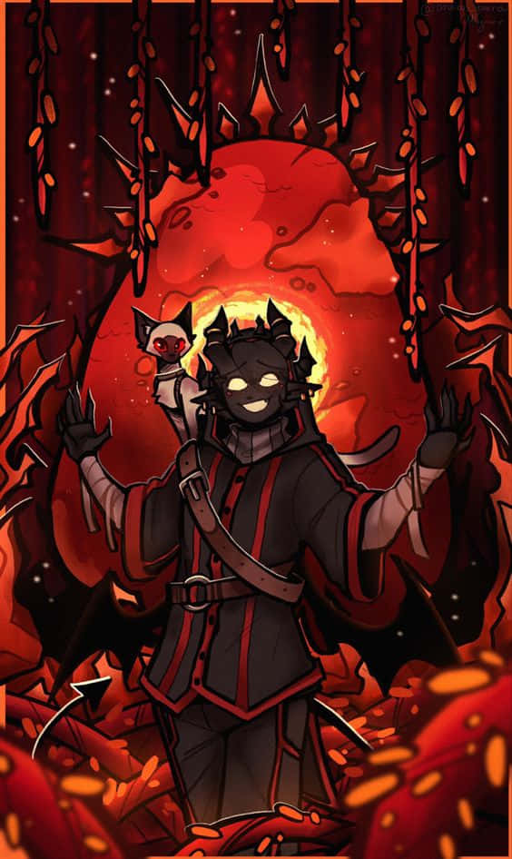 A Character In A Red Outfit Standing In Front Of A Fire Background