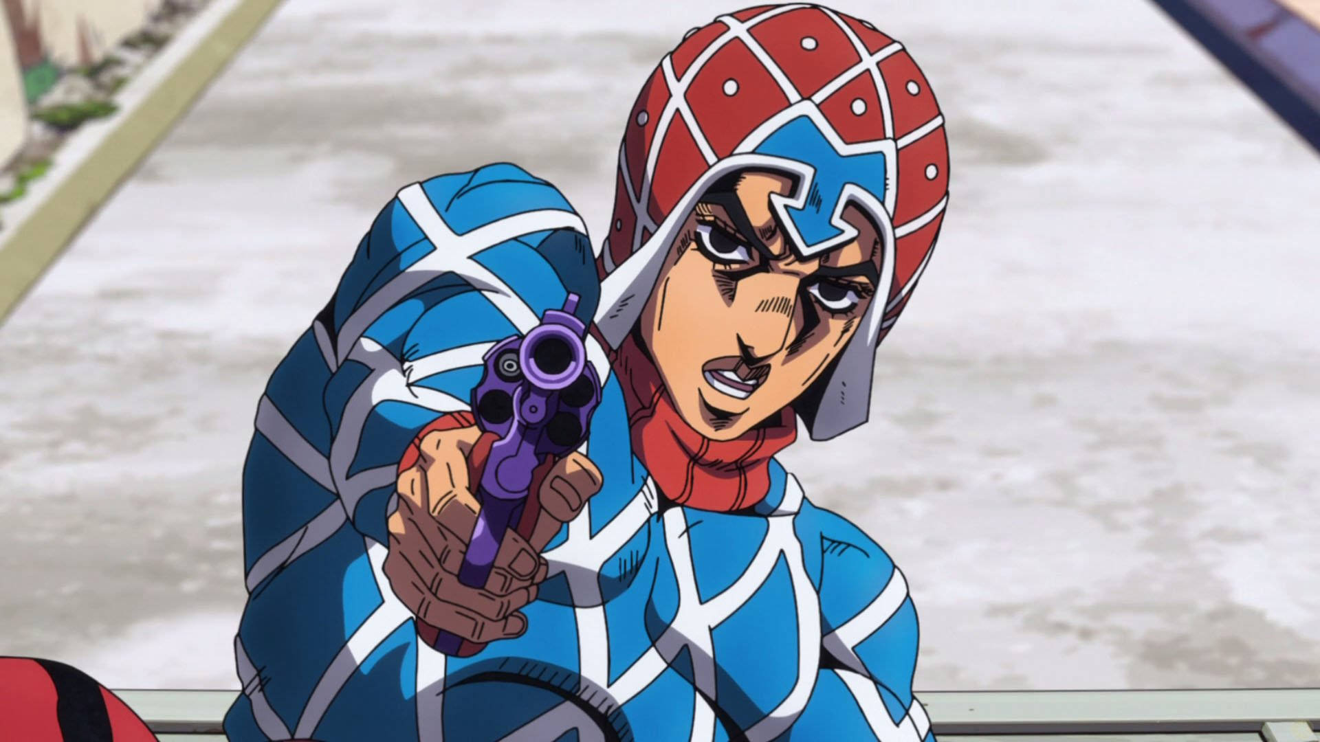 A Character In An Anime Costume Holding A Gun Background